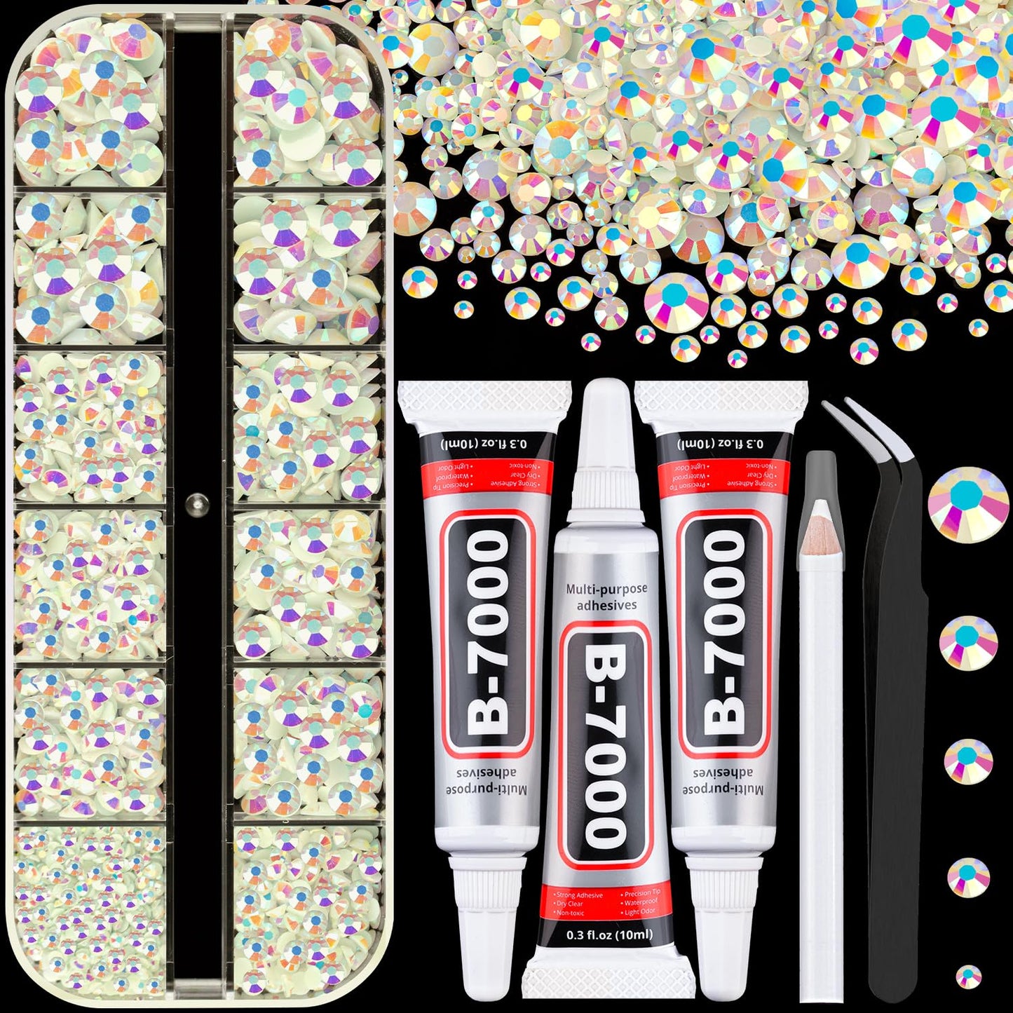 32000 Pcs Black Rhinestones - Flatback Resin Gems for Bedazzling | Jewelry Glue & Tweezers Included
