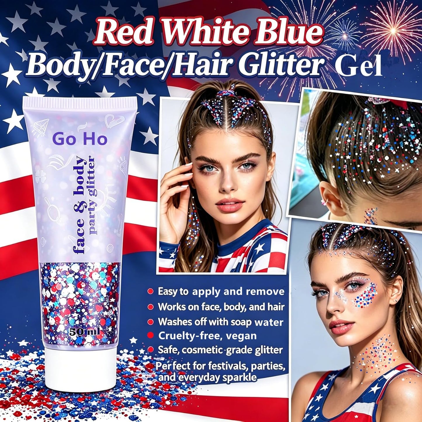 Red White and Blue Body Glitter - Patriotic USA Flag Face & Hair Glitter for 4th of July | Holographic Chunky Sequins