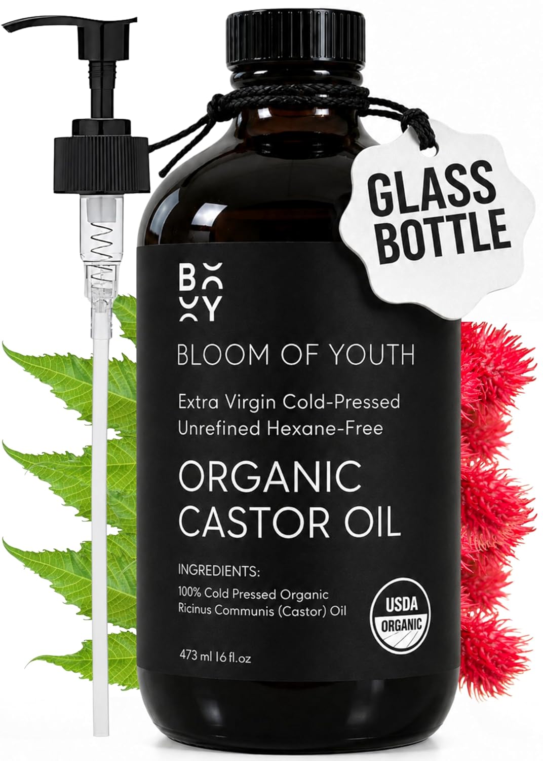 Organic Castor Oil - 100% Pure Cold Pressed | Hexane-Free, Unrefined, USDA Certified - 16oz Glass Bottle for Hair, Skin, Joints, and Eyelashes