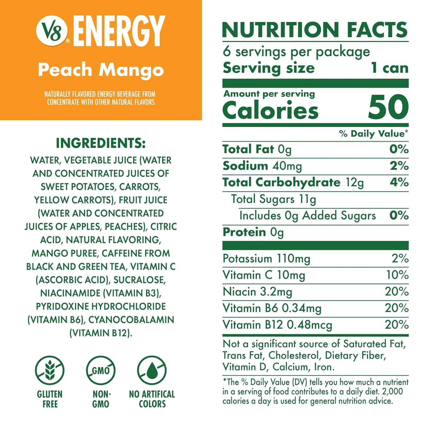 V8 Energy Peach Mango Energy Drink - 8 Fl Oz Can | 24 Pack of Refreshing Energy Boost