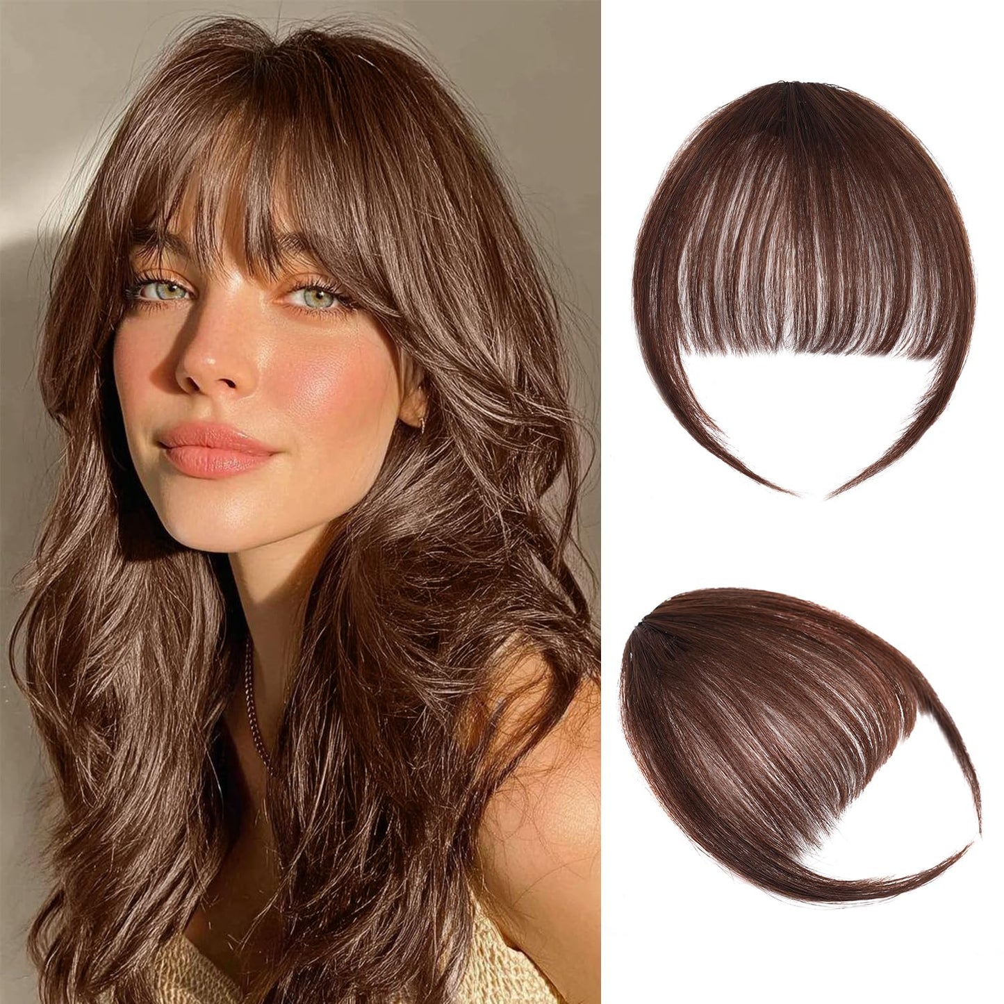 Clip In Bangs - 100% Real Human Hair Extensions | Wispy Dark Brown Fringe for Women
