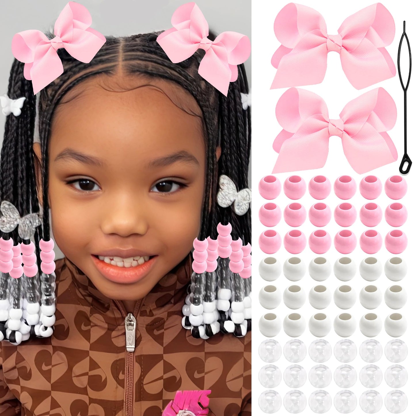 NAISKA 62PCS Pink Valentine's Day Hair Beads 4.7inch Bow Hair Clips Cute Beads for Hair Braids Kids Girls Hair Bow Braids Jewelry Loc Accessories for Kids Girls