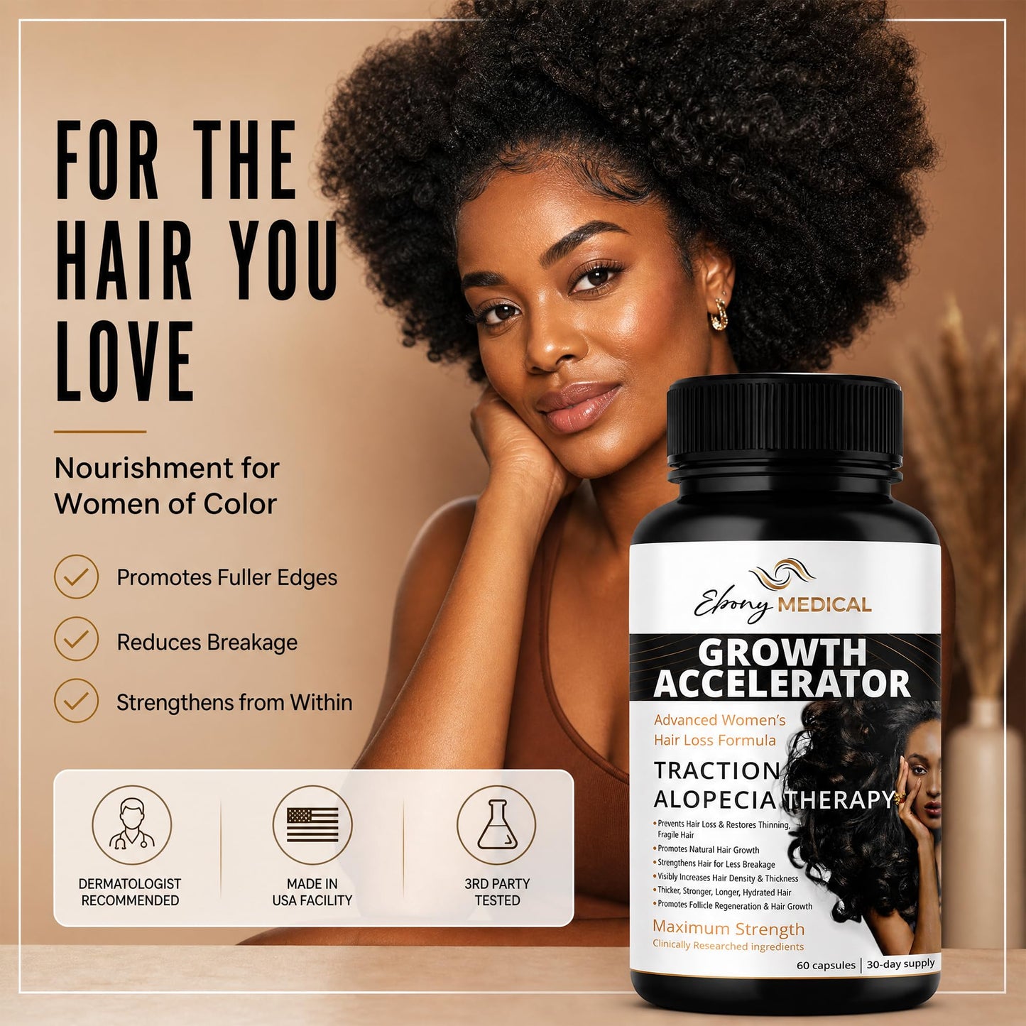 Ebony Medical Hair Support Supplement for Women of Color – Thinning Hair & Traction Alopecia Support – Keratin Boost, Follicle Nourishment, and Hair Strength Vitamins – 30-Day Supply