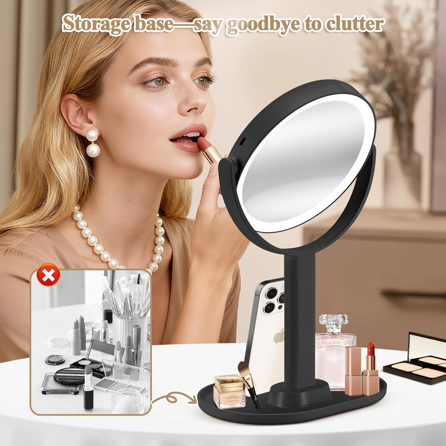 Makeup Mirror with Lights - Double-Sided 1x/20x Magnifying, Rechargeable, 3 Color Options | 360° Rotation, Black