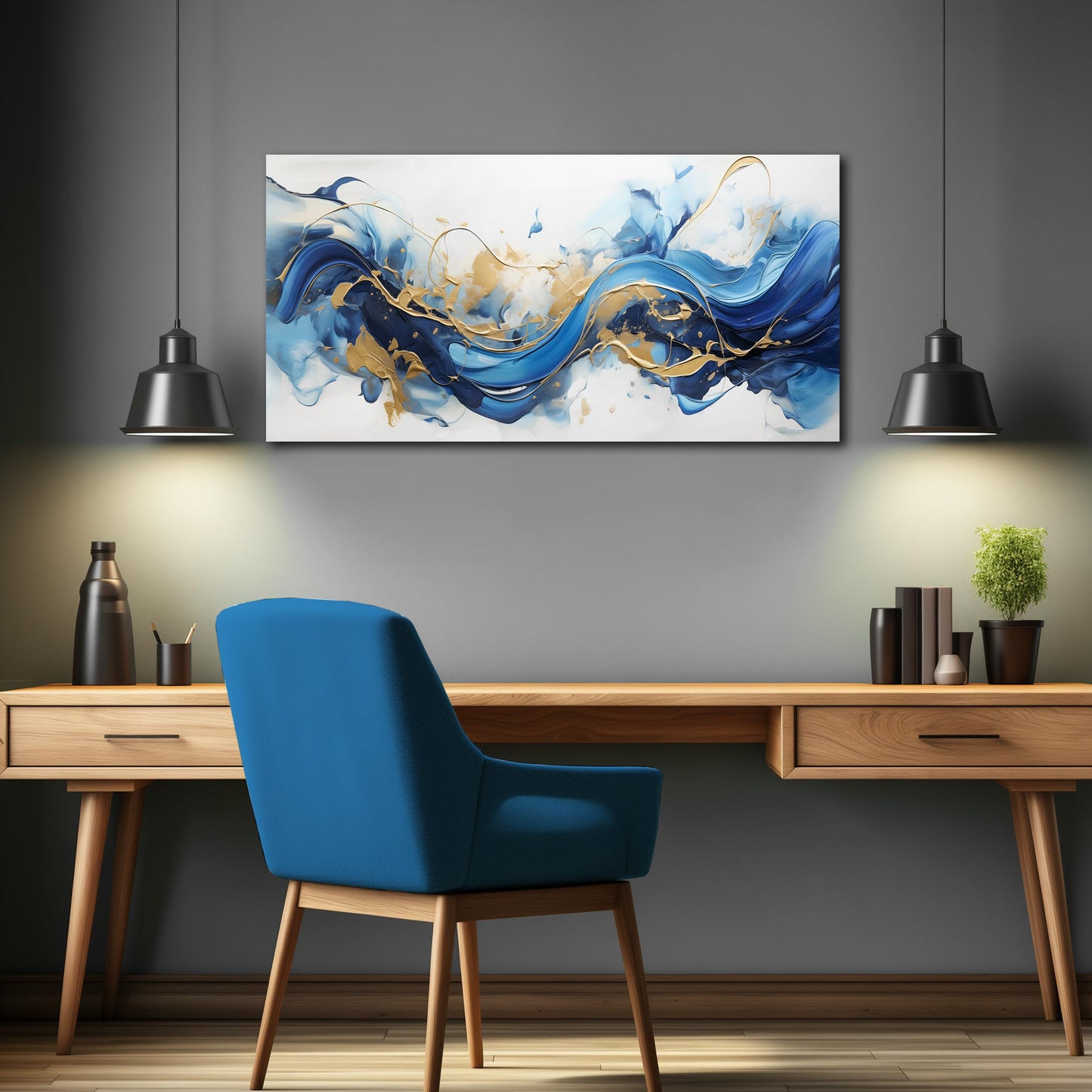 AUUZAIUA Abstract Canvas Wall Art for Living Room Blue and Gold Fluid Wave Pictures Modern Artwork for Bedroom Office Canvas Prints 20x40 Inches