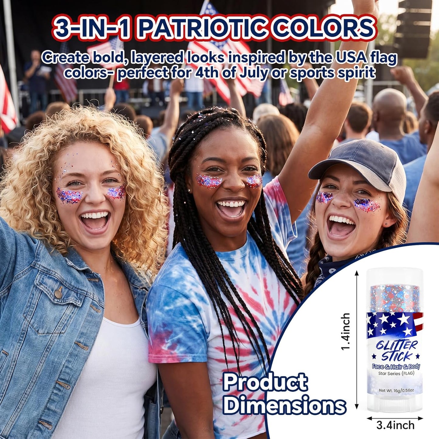 Patriotic Face & Body Glitter Stick - Holographic Red, White & Blue Chunky Makeup for 4th of July | Independence Day Celebration