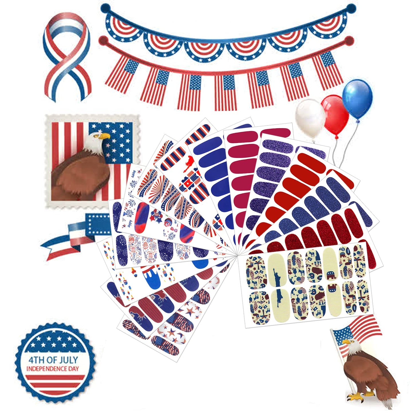 JERCLITY 14 Sheets Independence Day Nail Polish Strips Patriotic American Flag Nail Art Stickers 4th of July Nail Wraps Self-Adhesive Solid Color Nail Decals Manicure Sticker for Memorial Day