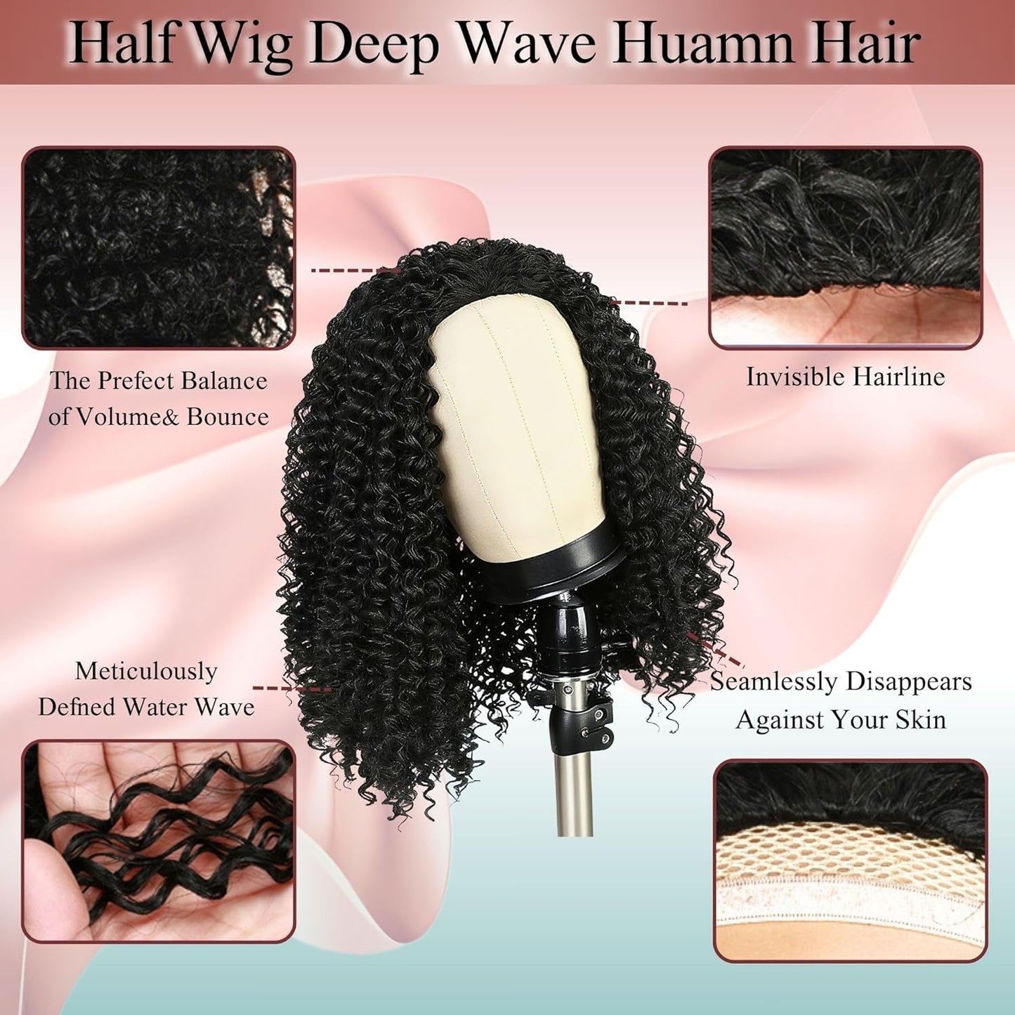 Deep Wave Half Wig - 24-Inch Human Hair Curly Wig for Black Women | 200% Density, Glueless, Beginner-Friendly