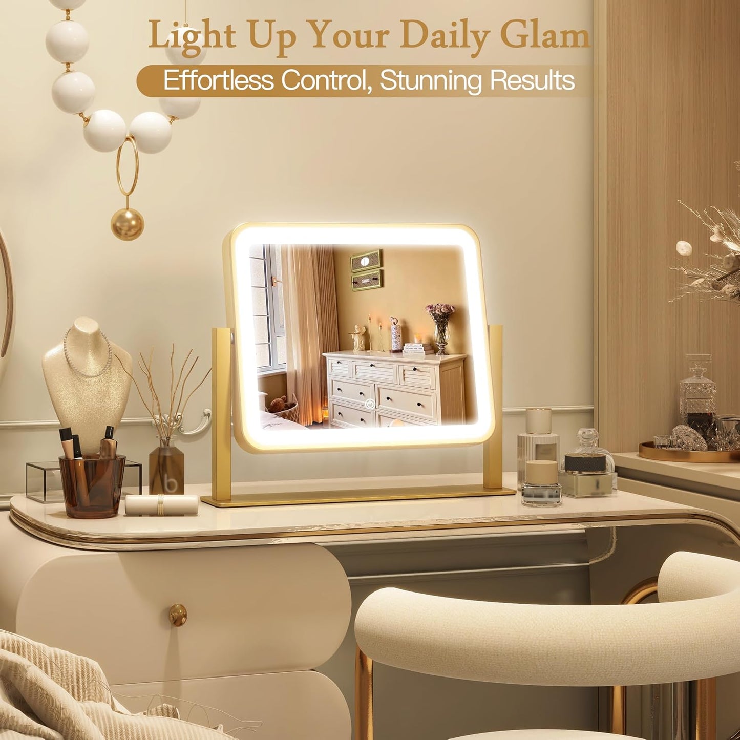 LED Vanity Mirror with Lights - 12" x 14" Small Gold Makeup Mirror | 360° Rotation, 3 Color Modes, Dimmable & Memory Function