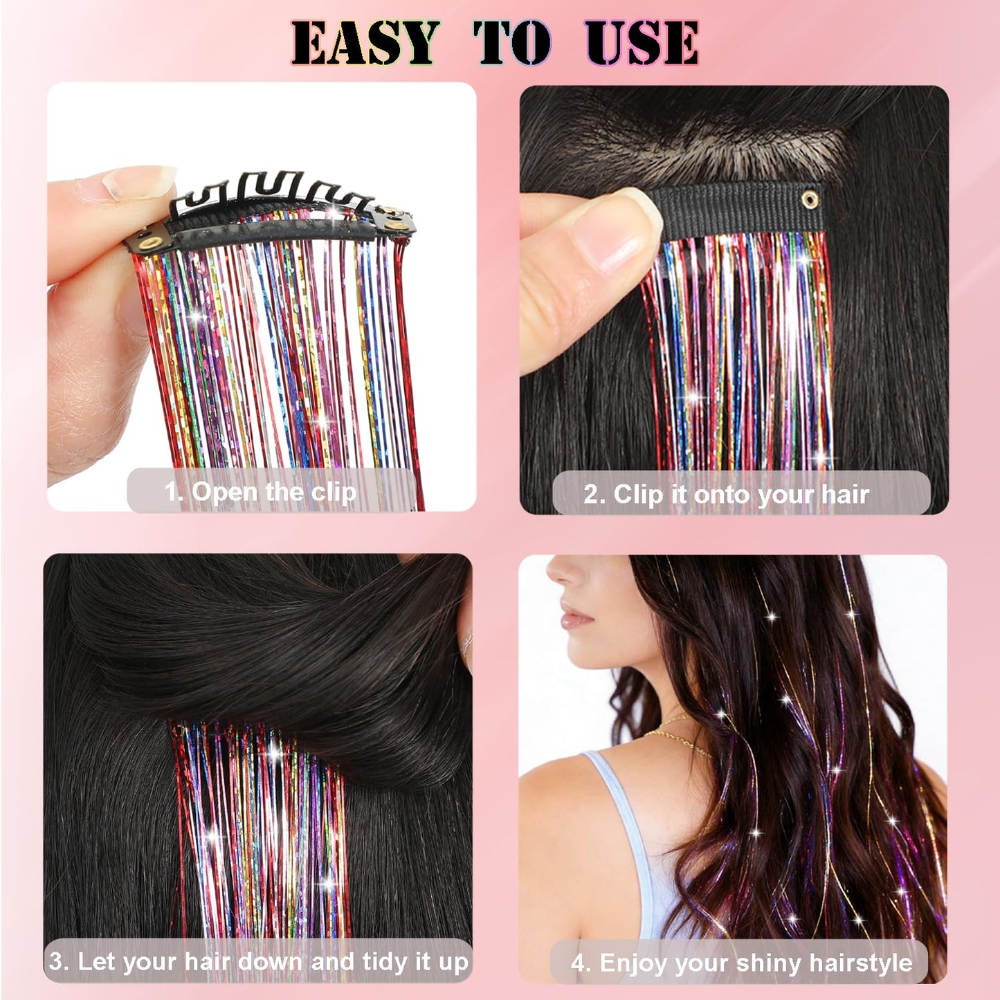 Aouuhe Hair Tinsel Kit 18 Pcs Clip in Hair Tinsel 20.5 Inch Glitter Fairy Tinsel Hair Extensions Clip in Black Sparkle Heat Resistant Daily Party Festival Hair Accessories for Women Girls (Black)