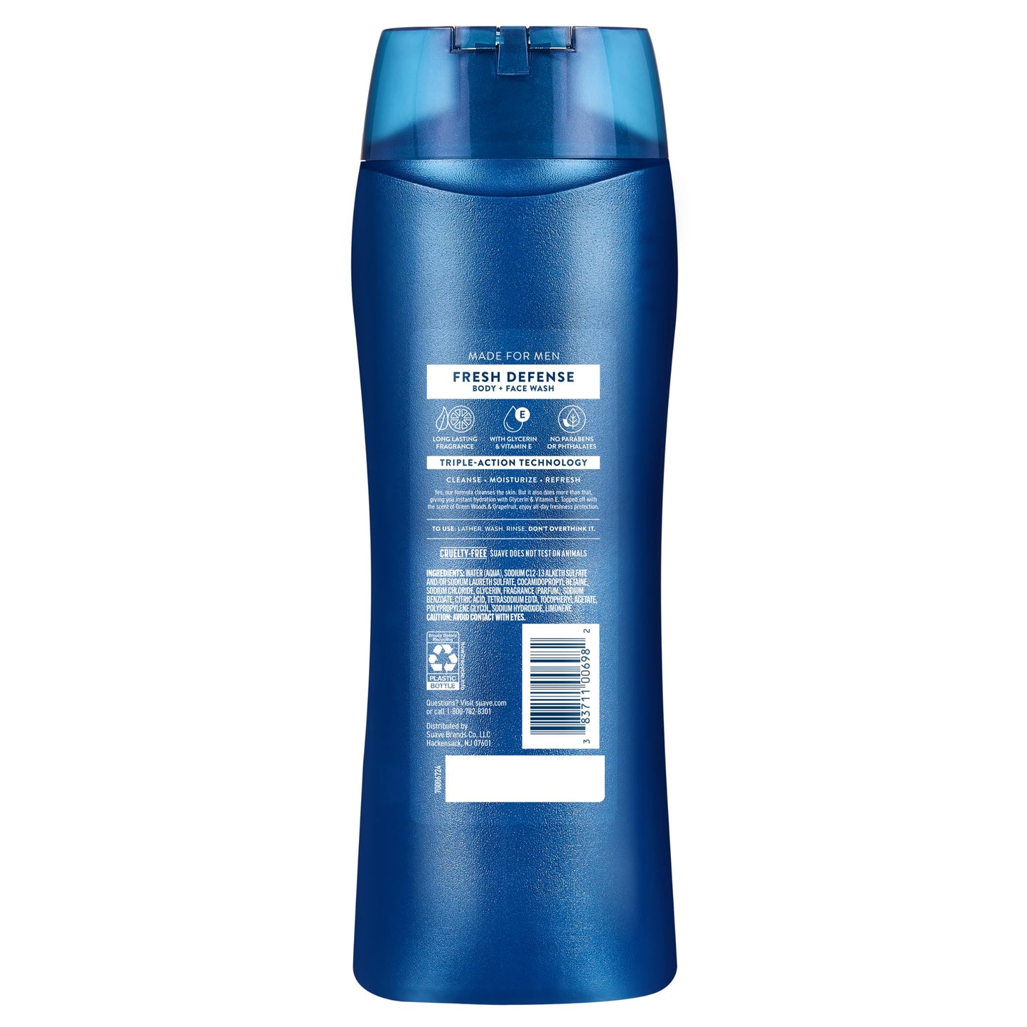 Suave Men Fresh Defense 2in1 Body & Face Wash with Glycerin & Vitamin E, Paraben & Phthalate Free, Cleanse, Moisturize & Refresh, Long-Lasting Fragrance, 18 FL OZ, 6 Count