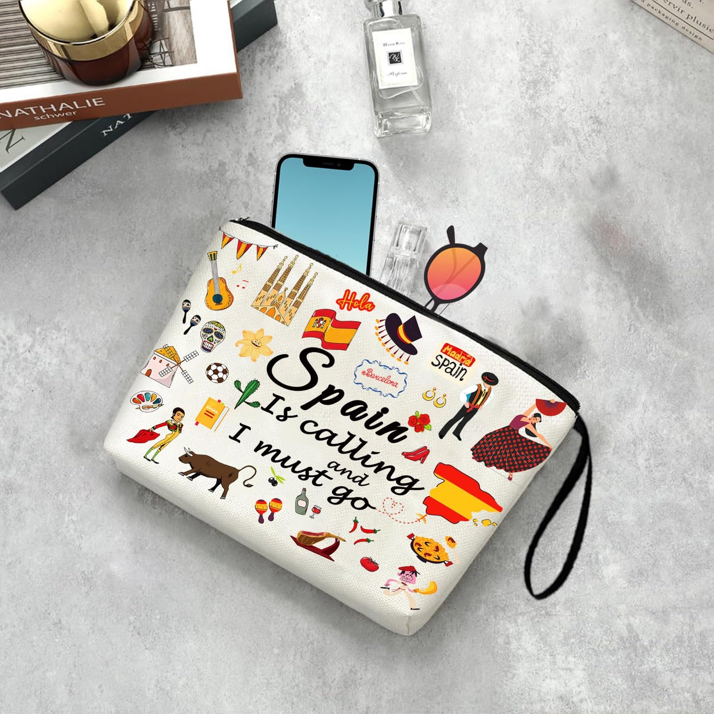 Virfuntaki Spain Gift Europe Cruise Trip for Women Girl Makeup Bag Travel Spain Souvenir Cosmetic Case Spain Vacation Present Zipper Organiser Pouch Spanish Spain Decor