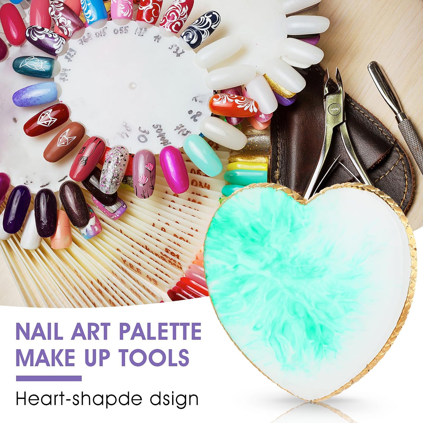Sibba Resin Nail Art Palette Nail Mixing Palette Polish Color Mixing Plate Golden Edge Nail Holder Display Board Heart Shape Cosmetic Mixing Tools (Green)