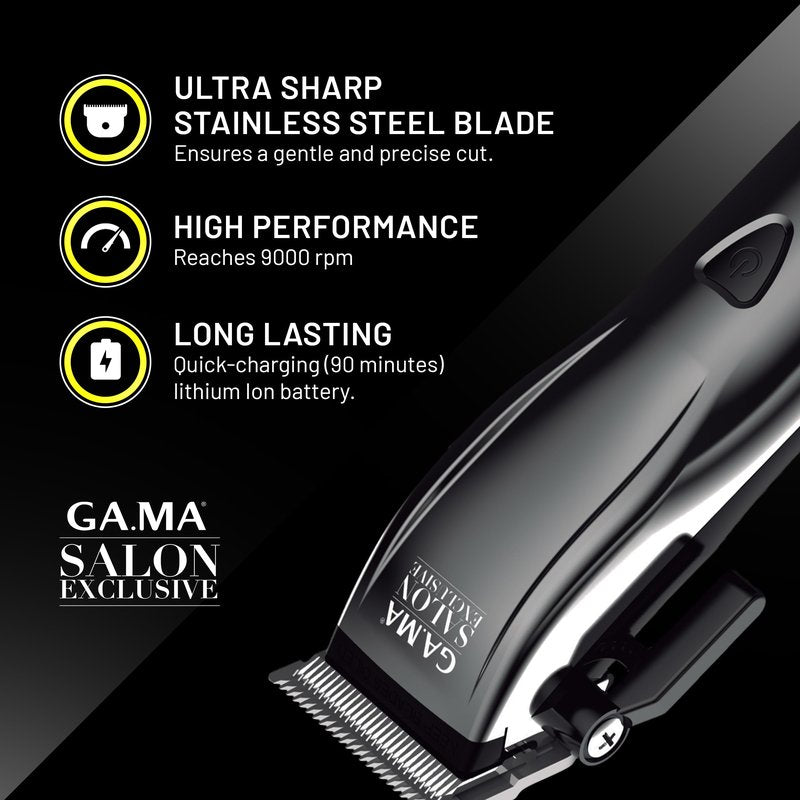 GA.MA Pro Power 10 Hair Clipper, Corded or Cordless, 9000 RPM Motor, DLC-Coated Blades, Lithium Battery, Adjustable Cutting Length