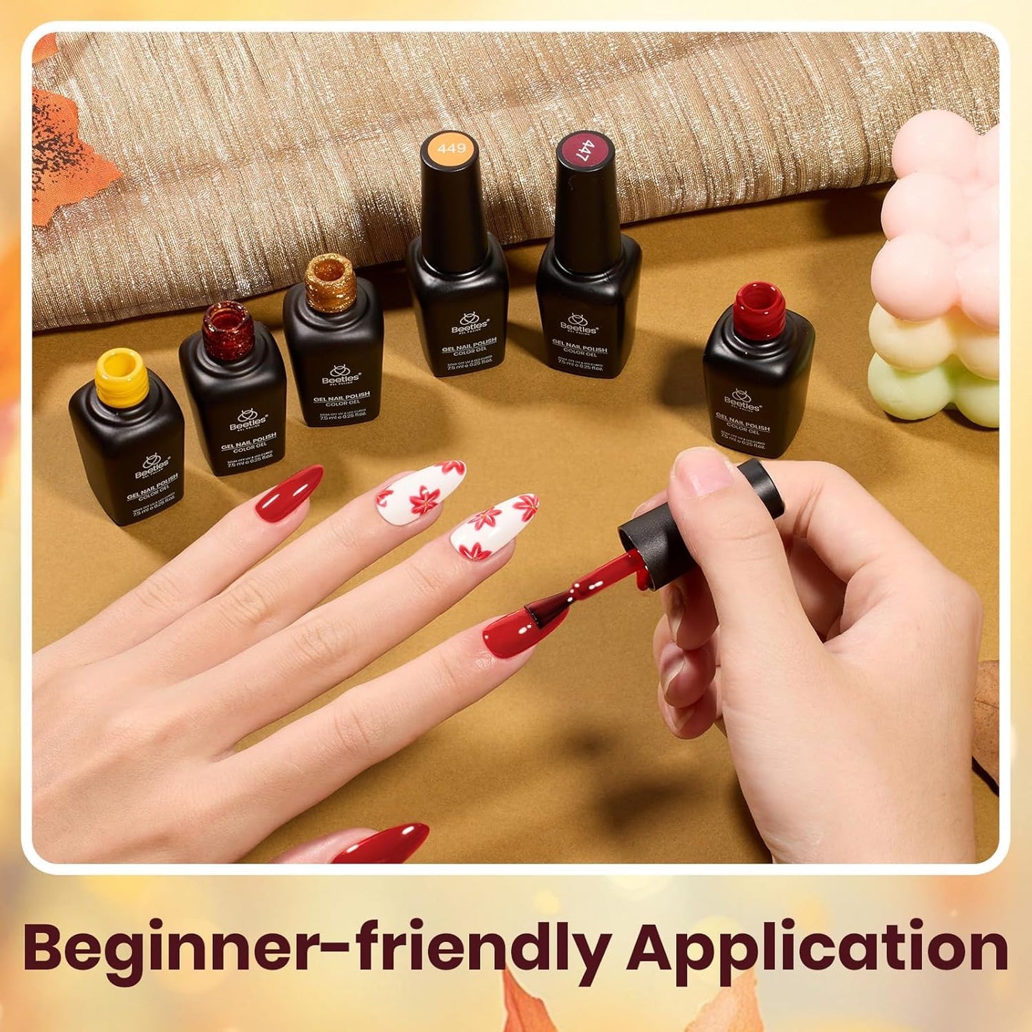Beetles Gel Nail Polish Set 6 Colors Gel Polish Red Orange Brown Gold Glitter Kit DIY Home Nail Art Manicure Kits UV LED Needed Gifts for Women Golden Blessing
