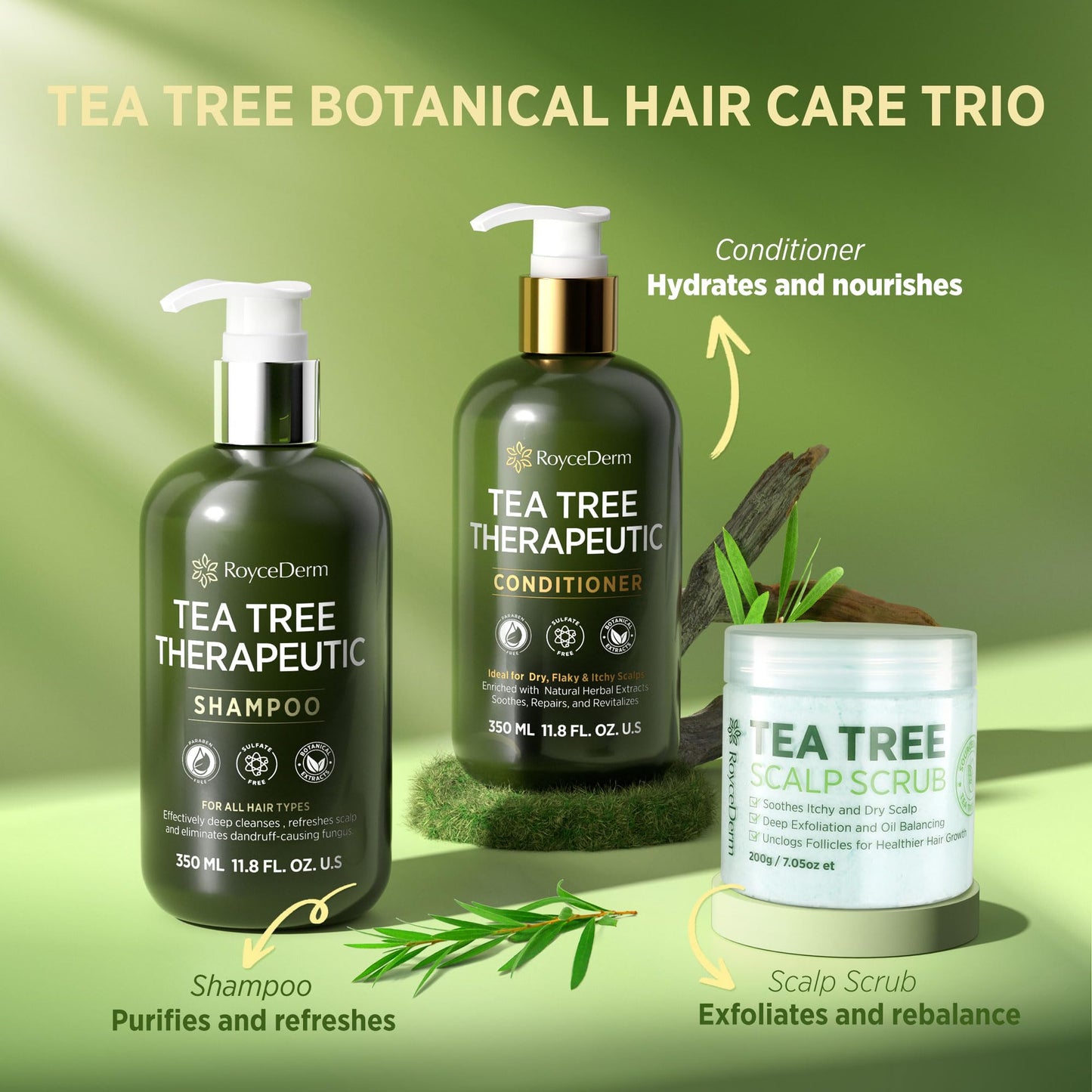 Roycederm Tea Tree Antifungal Scalp Care Set – Pre-Shampoo Scrub + Tea Tree Antifungal Shampoo + Hydrating Conditioner – Itchy & Dry Scalp Relief, Dandruff & Folliculitis Treatment
