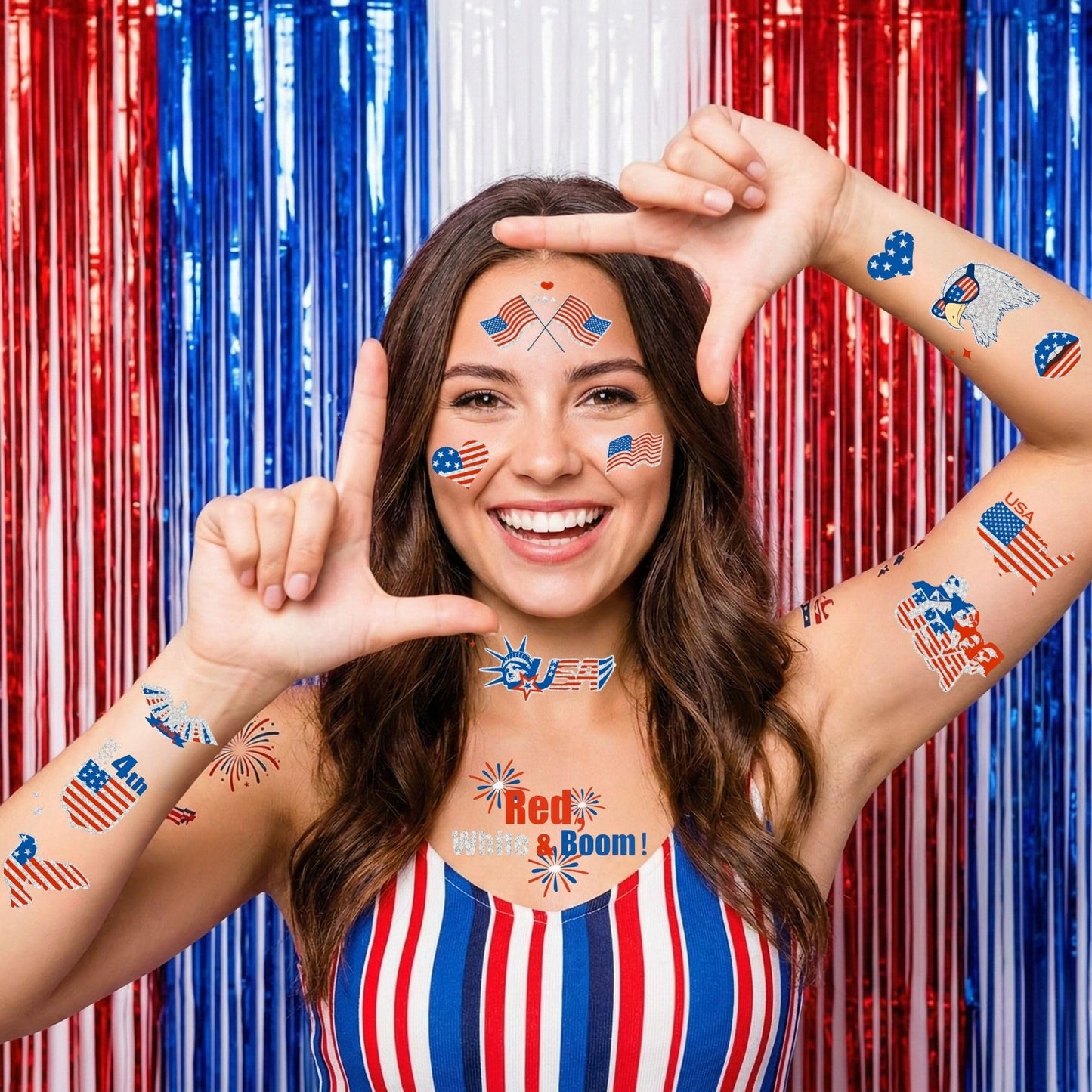 Vagilelf 250th Anniversary Decorations, 3 Sheets 4th of July Tattoos, America 250 Merchandise with Premium Silver Foil, Shimmering Red White and Blue Patriotic Body Stickers for USA Party Decorations