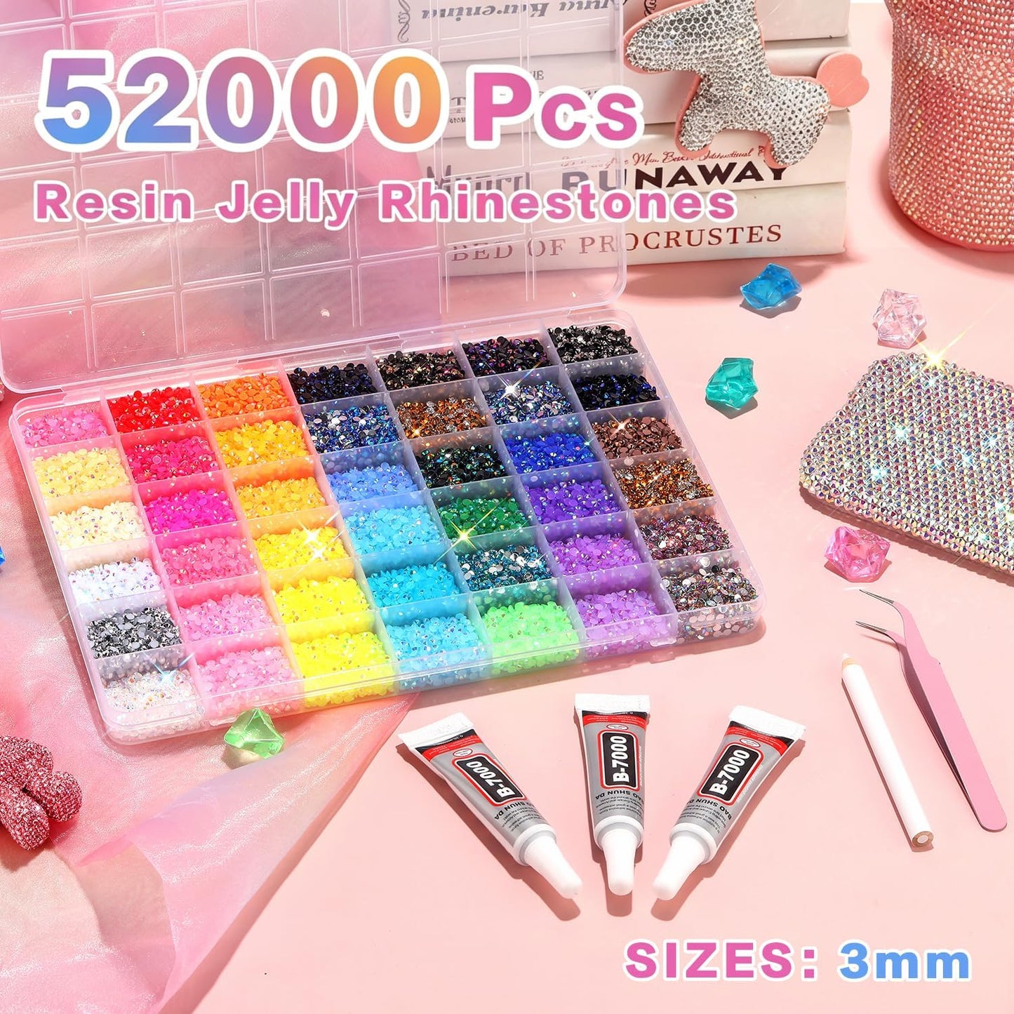 Resin Jelly Rhinestones - 52000 Pcs 3mm Multicolor Flatback Gems for DIY Crafting | Includes 3 Pcs B7000 Jewelry Glue