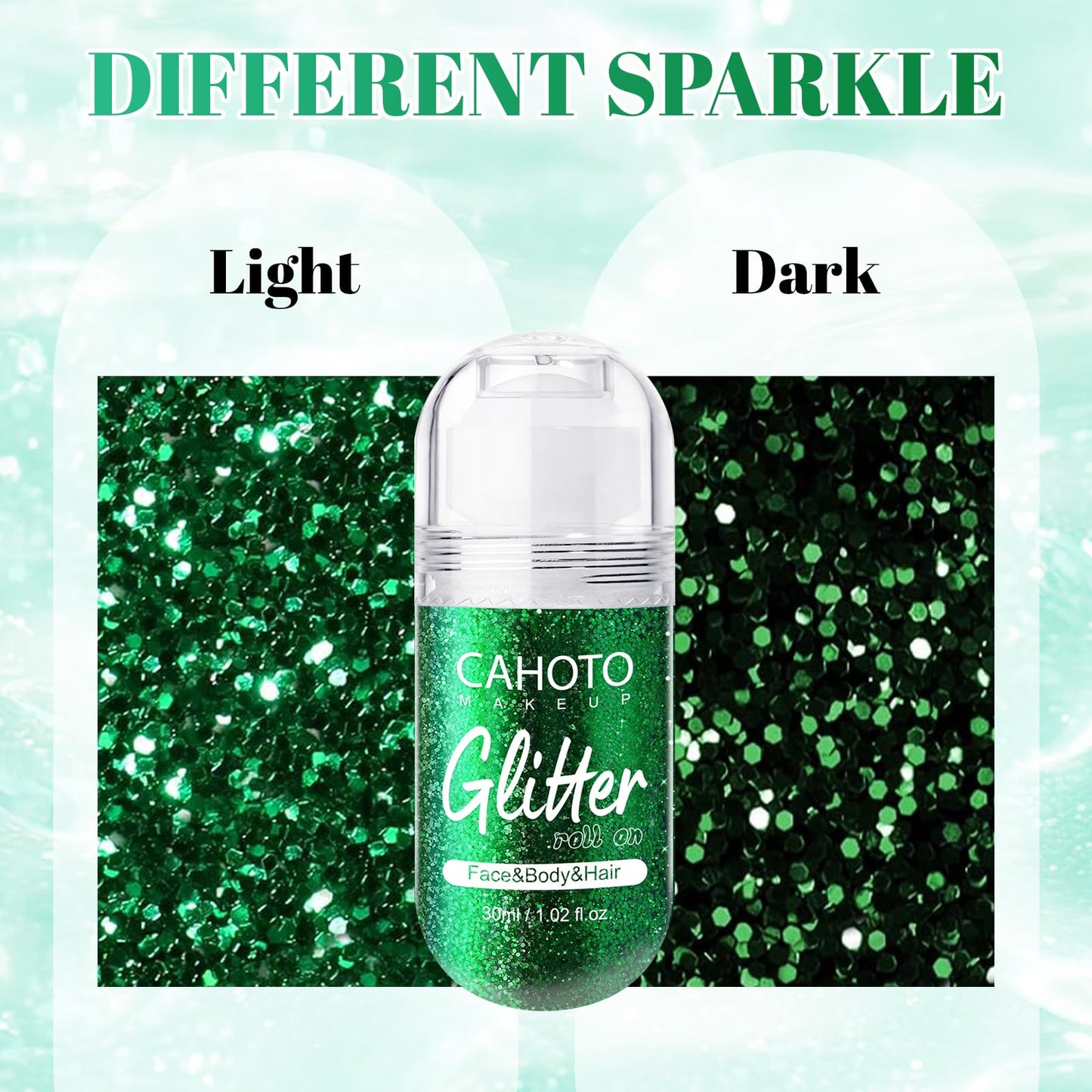 CAHOTO Green Roll-on Glitter for Face Body and Hair, Mermaid Rolling Sequins for St. Patrick's Day, Chameleon Color for Christmas Concerts Rave Festival Mardi Gras Halloween Party Carnival, 1.02fl.oz