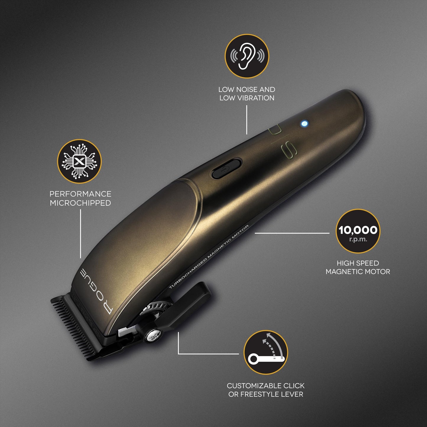 Stylecraft Rogue Professional 9V Microchipped Magnetic Motor Cordless Hair Clipper, 5 Guards, Matte Gunmetal