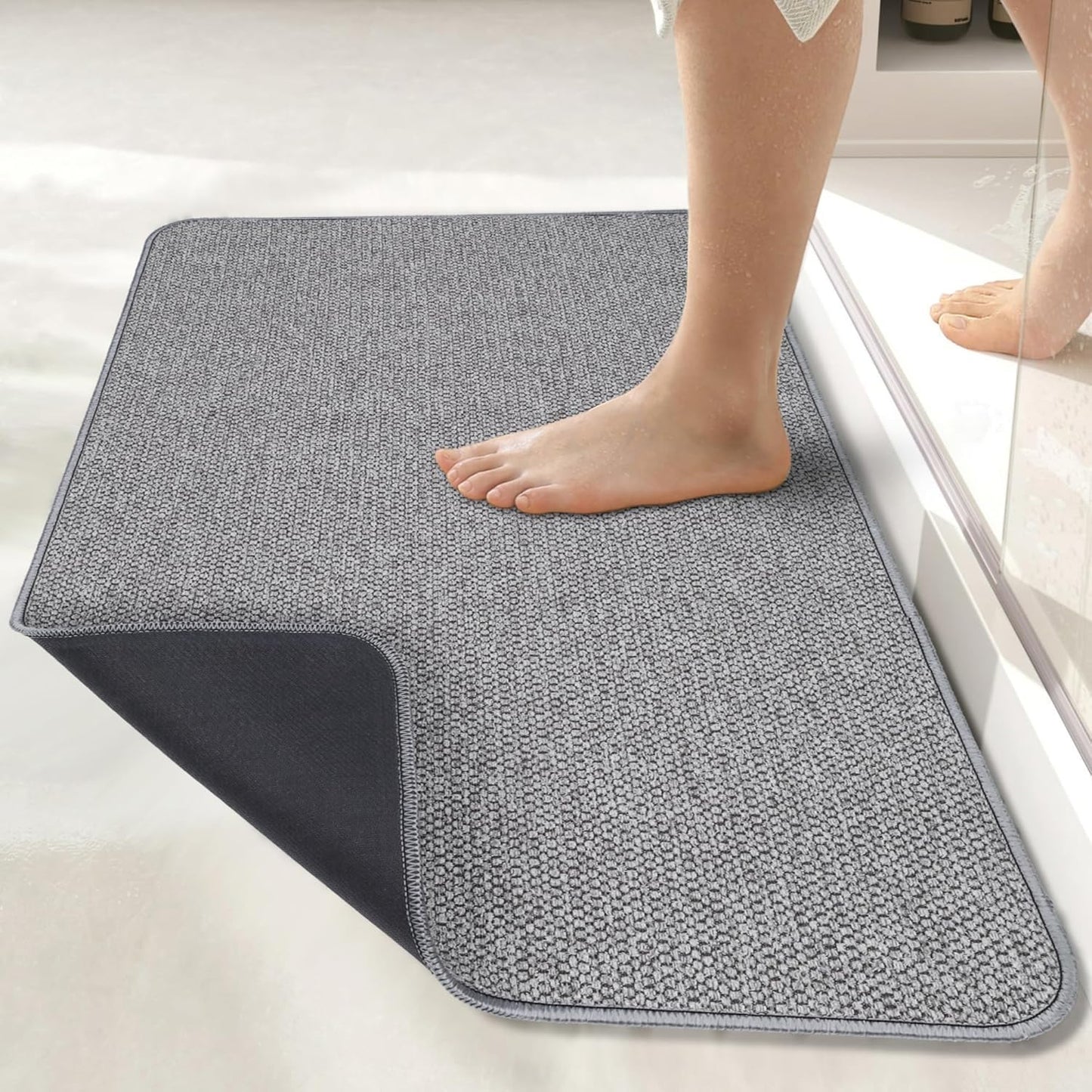 Ultra Thin Bath Mat - Non-Slip Rubber Bathroom Rug, Quick Dry & Absorbent | Grey, 1'5"x2'3" (17x27 Inch)