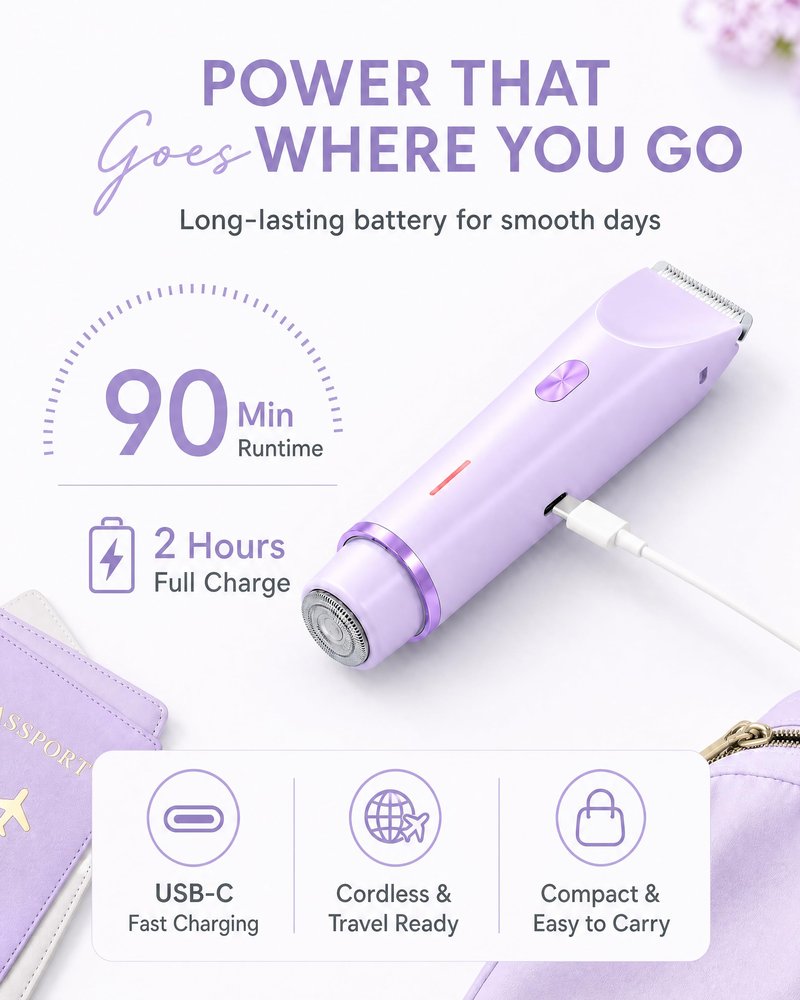 AIOOTISU Painless Bikini Trimmer for Women - 2-in-1 Electric Shaver for Sensitive Skin, No Nick No Cut, Waterproof & Rechargeable, Dual Head Razor for Bikini, Face & Body