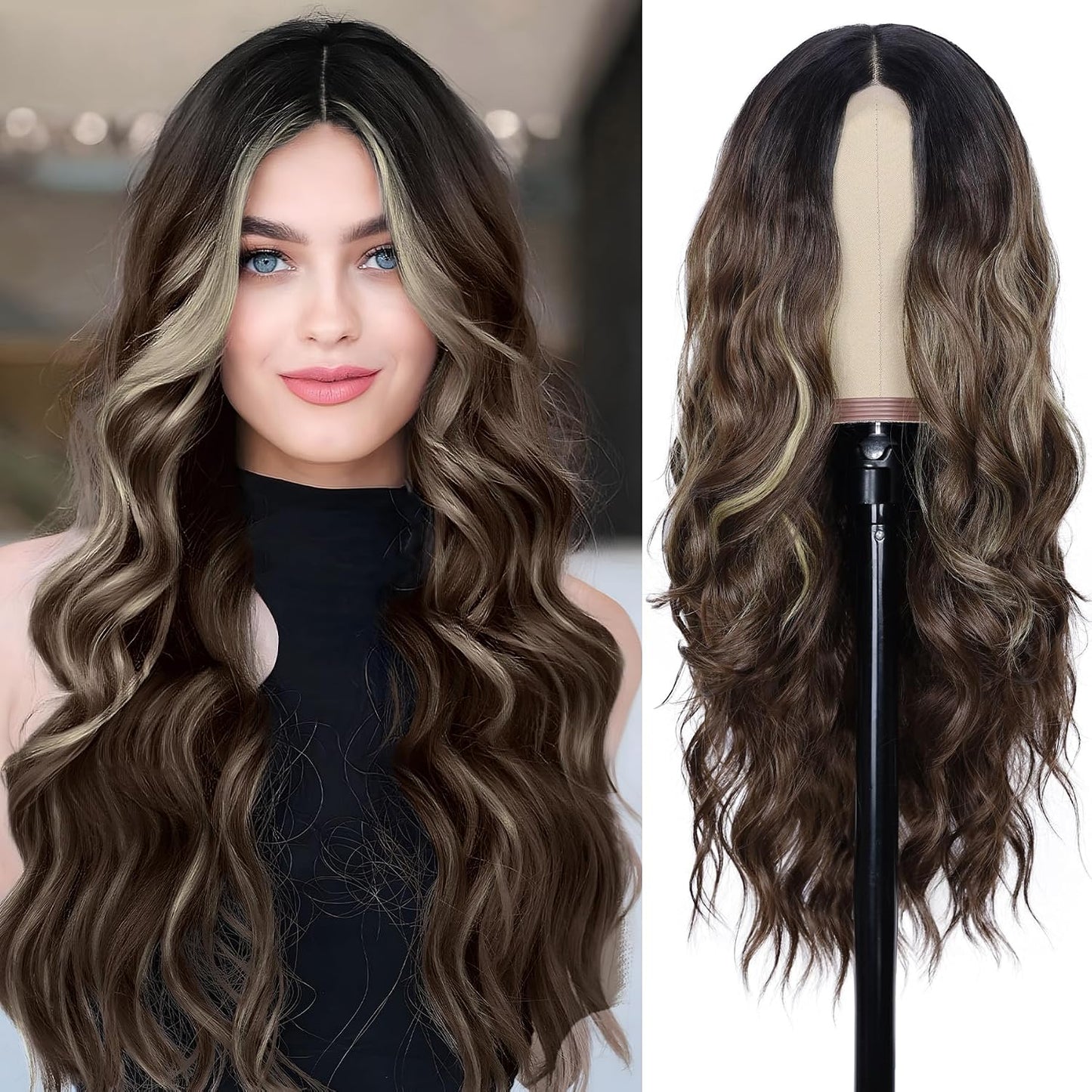 NAYOO Brown Wigs for Women - Long Curly Wavy Hair | Heat Resistant Synthetic Fiber, 24 Inches