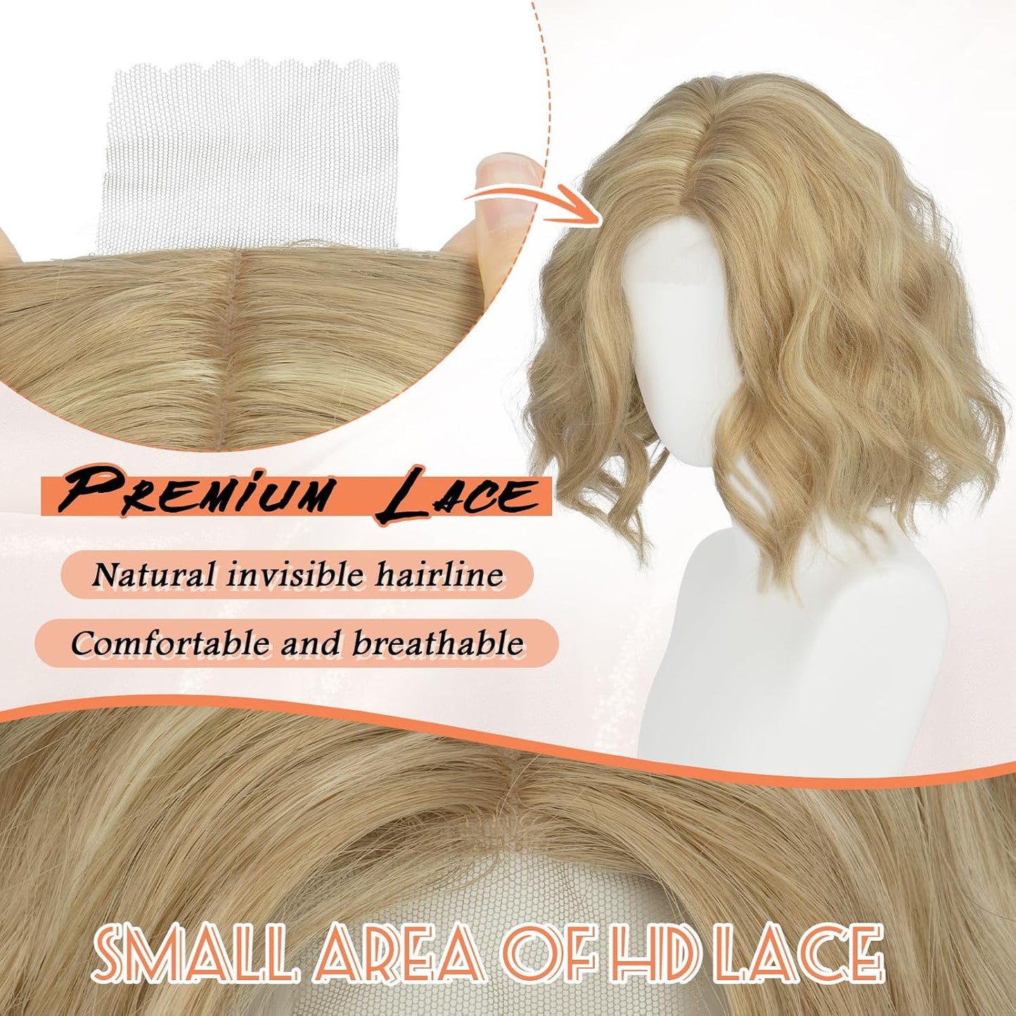 Blonde Bob Wig - Lace Front Short Wavy Curly Synthetic Hair | 11 Inch with Highlights for Women