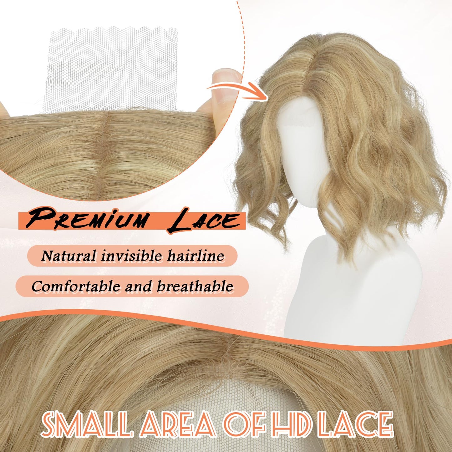 Haloo Blonde Bob Wig for Women Lace Front Hairline Short Soft Wavy Curly Natural Looking Middle Part Synthetic Hair Wigs for Daily Party, 11 Inch Blonde Highlights