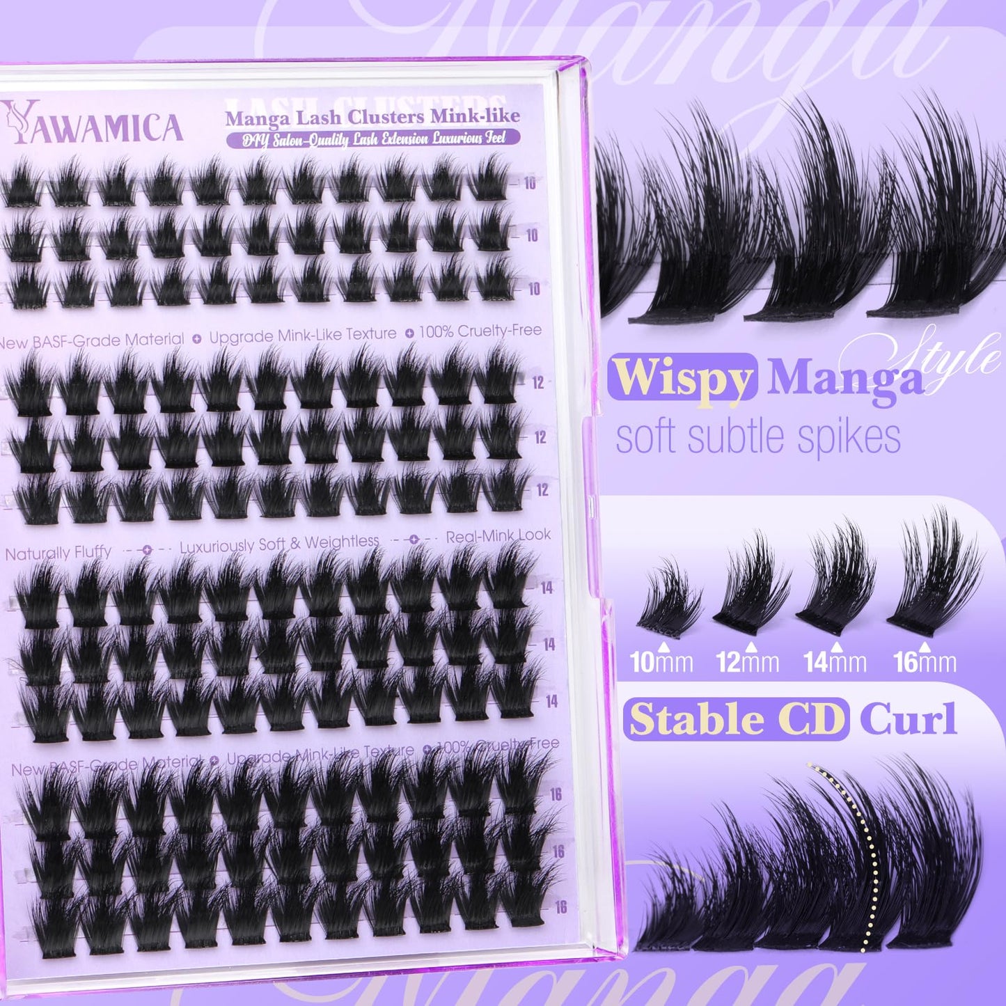 Mink Lash Clusters Fluffy Eyelash Clusters Wispy 10-16mm Individual Lashes CD Curl Manga Cluster Eyelash Extensions Soft Matte Black Cluster Lashes DIY Lash Extensions by Yawamica