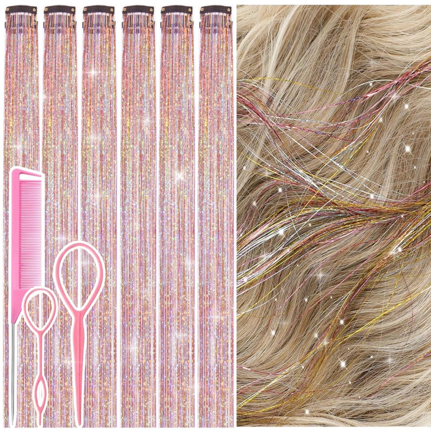 Hair Tinsel Kit - 12 Pcs 24 Inch Gold Glitter Clip-In Hair Extensions for Girls & Women | Perfect for Christmas & New Year Parties