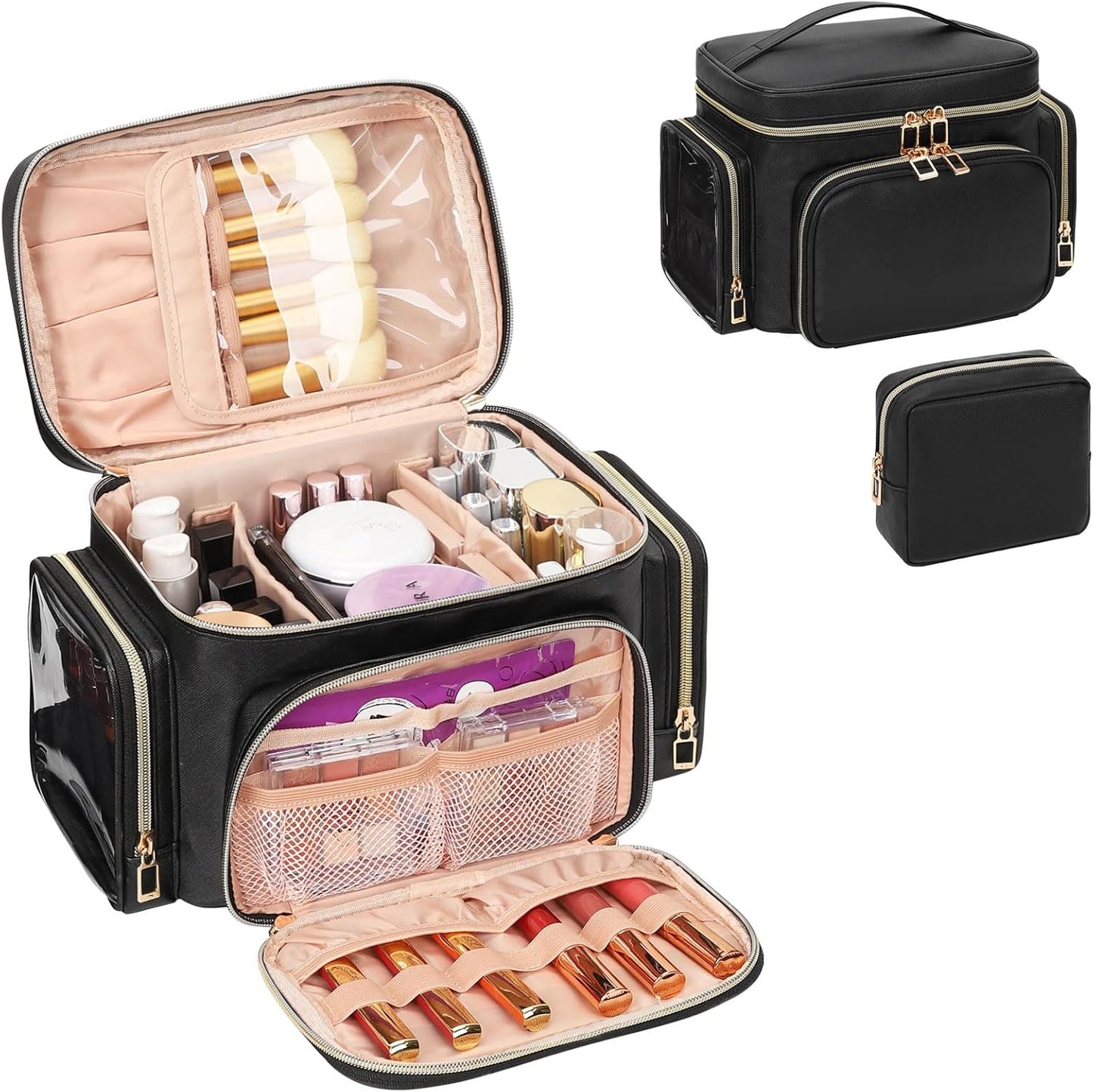 Large Makeup Bag Organizer for Women - Portable Travel Cosmetic Bag with Brush Compartment & Side Pockets | Black