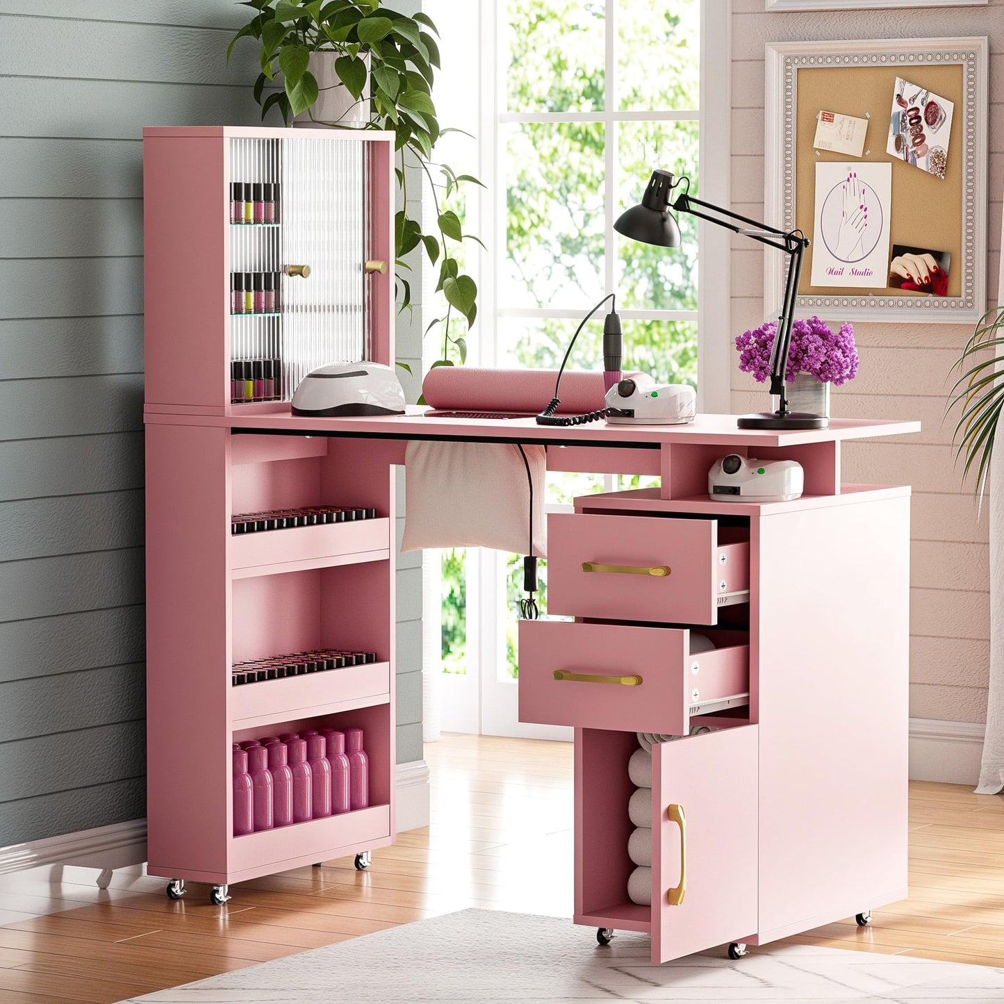 Kikihouse Manicure Table Nail Desk for Nail Tech w/Glass Door Storage Cabinets & Wrist Rest, Beauty Salon Nail Supplies Decor Workstation Acetone Resistant, with Dust Collector (Pink)