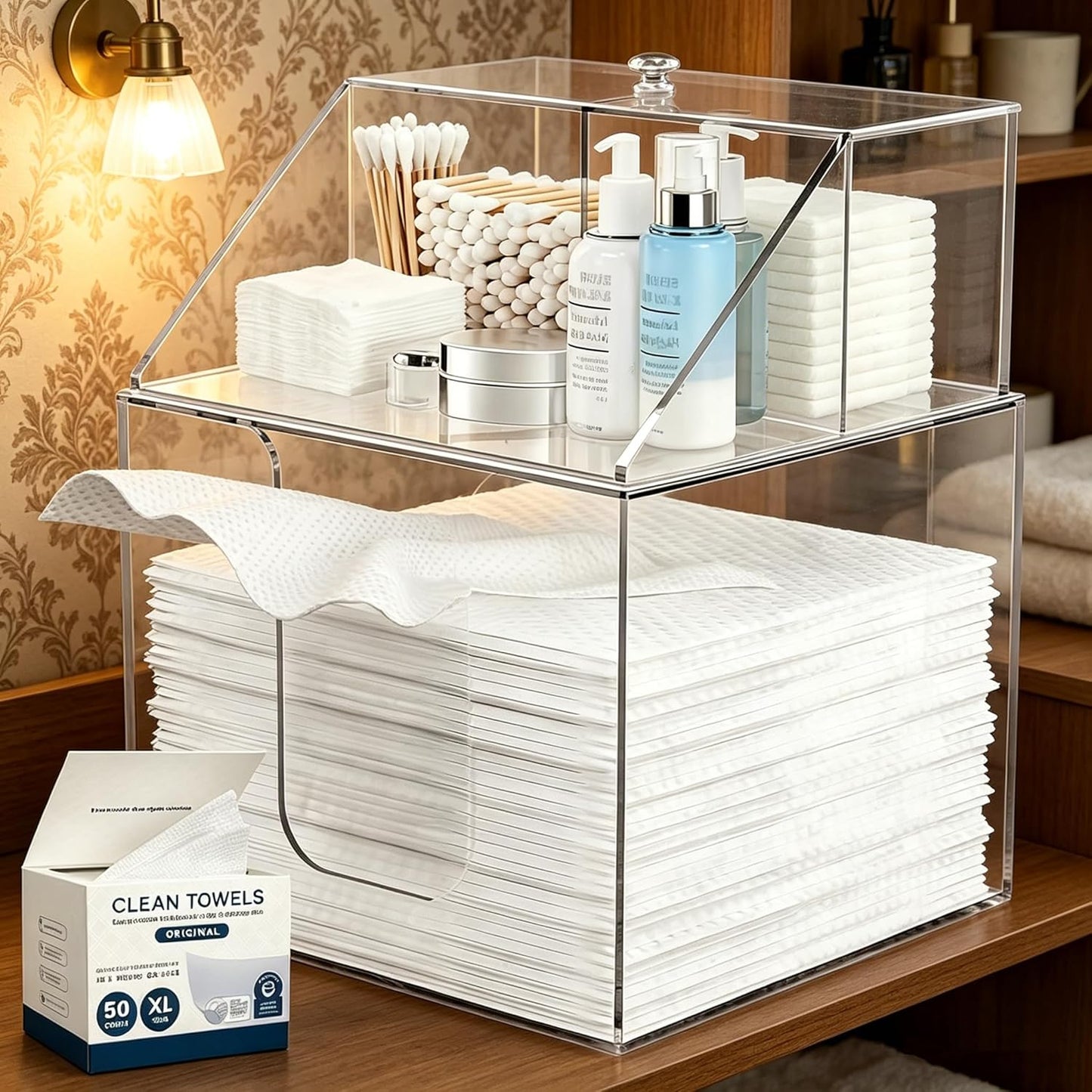 Face Towel Storage Box - 3-in-1 Detachable Holder for Cleaning Accessories | Clear Acrylic, Holds 50 Towels