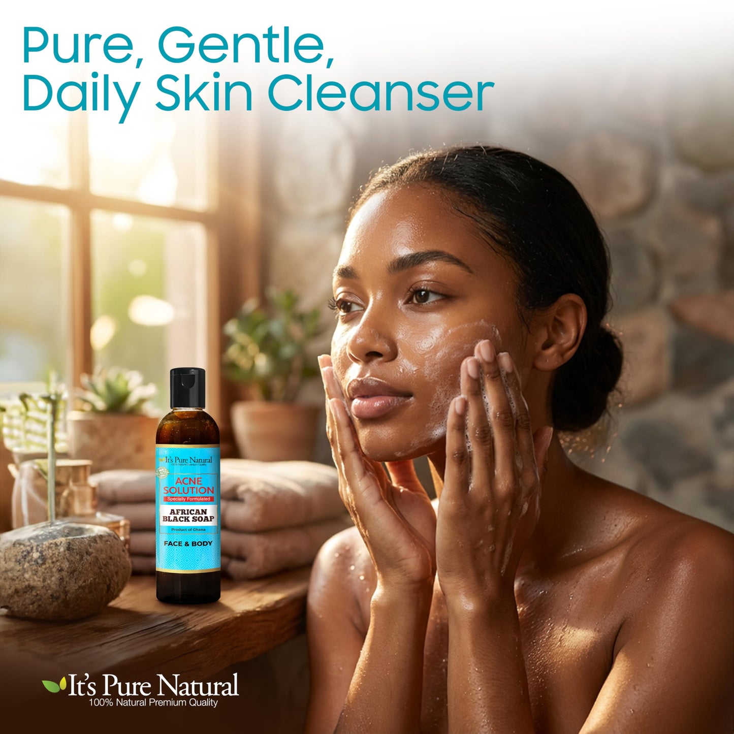 It's Pure Natural African Black Soap, Liquid Form, Traditional Handmade Raw Soap with Shea Butter and Coconut Oil, Face and Body Cleanser, (8oz, Acne Solution)
