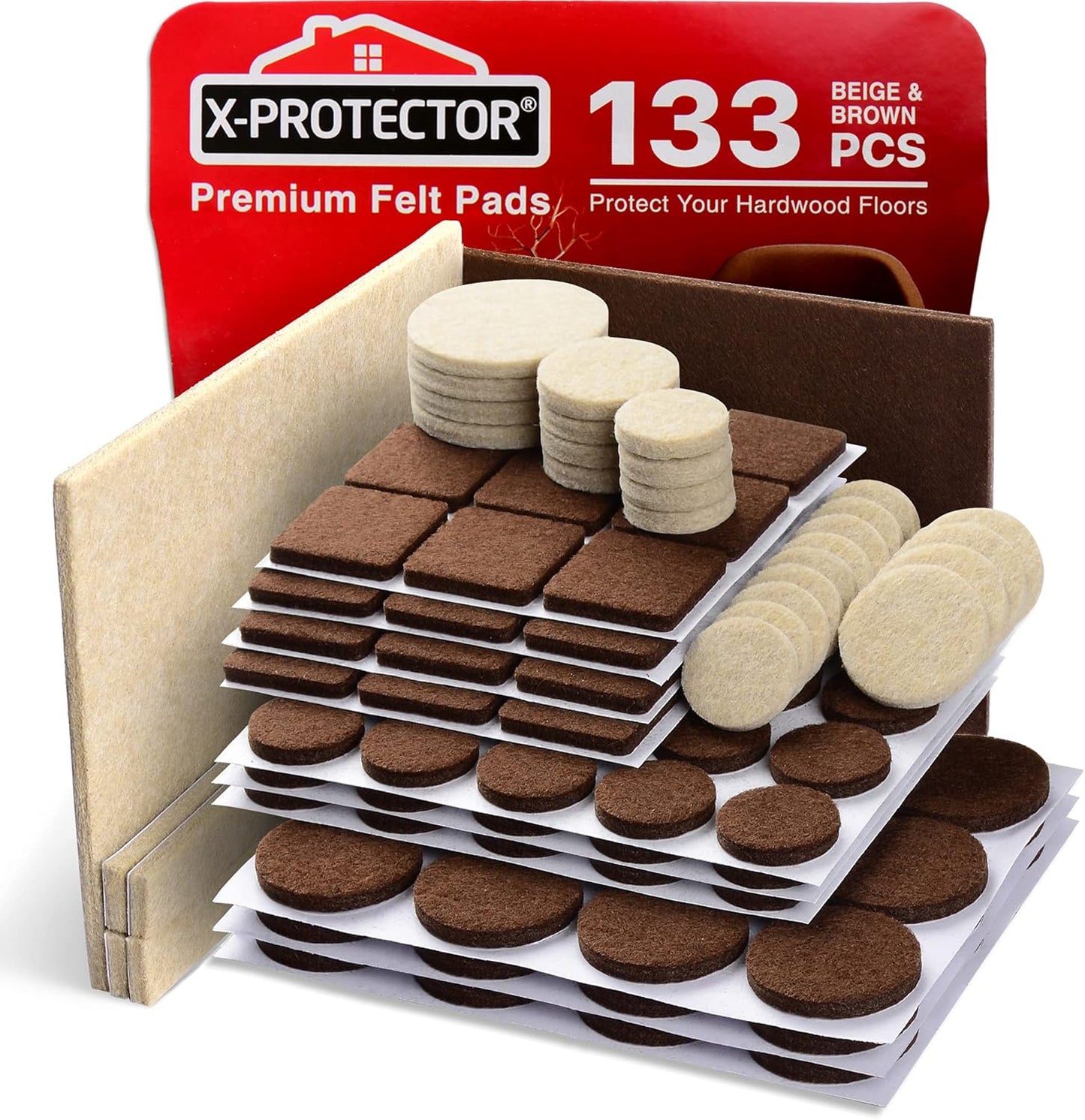 X-PROTECTOR Felt Furniture Pads - 133 PCS Premium Floor Protectors for Hardwood & Laminate | Brown & Beige