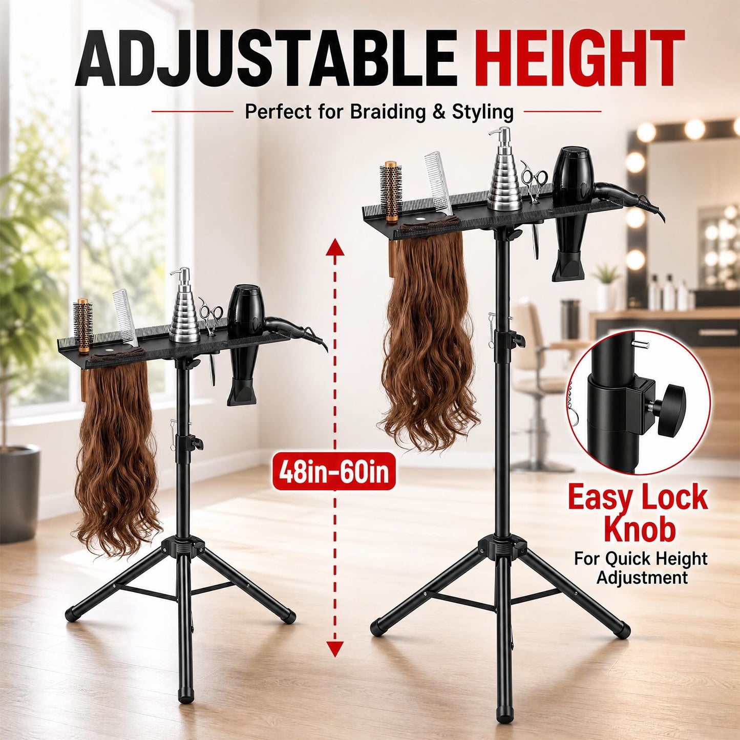 LEIFIDE Stainless Steel Braiding Rack, Hair Extension Holder, Braiding Rack Stand Tripod, Height Adjustable 30.12-39.96 Inches, Foldable Extension Salon Tray, Black