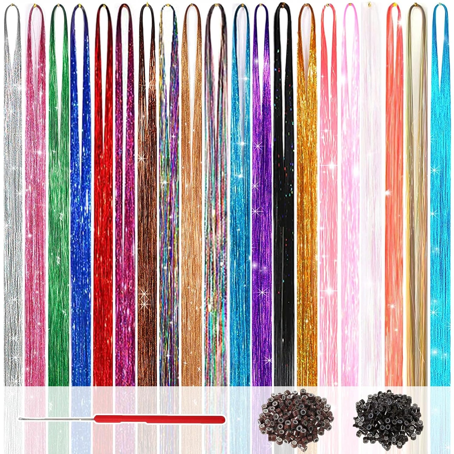 Hair Tinsel Kit - 48 Inch Glitter Tinsel Hair Extensions with 18 Colors | Heat Resistant Accessories for Women, Girls, and Kids