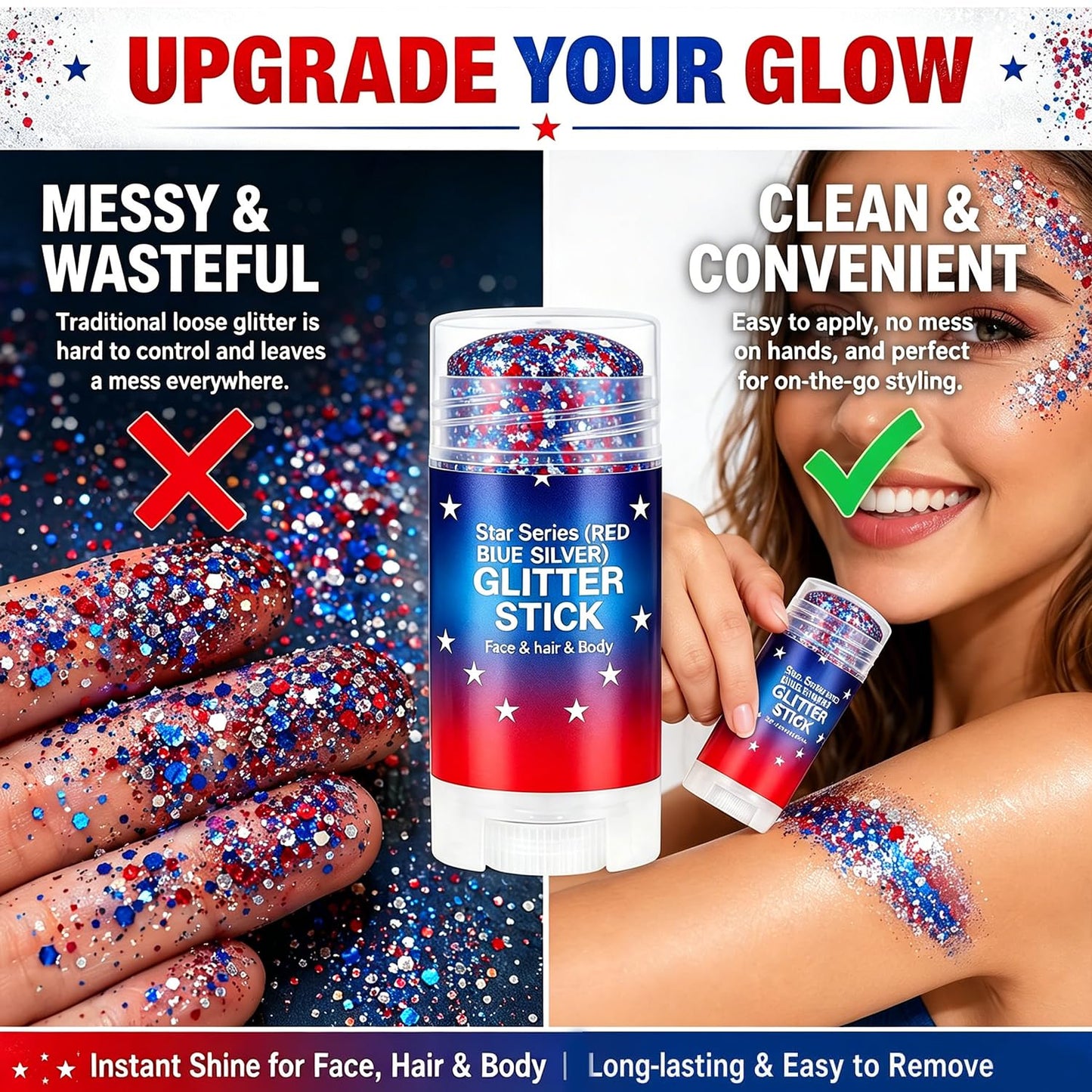 4th of July Glitter Stick, Red White and Blue Glitter Stick, Glitters Stick for Face, Rave Accessorie for Independence Days, 4th of July Decorations, Patriotic USA Flag Makeup for 250 Anniversary