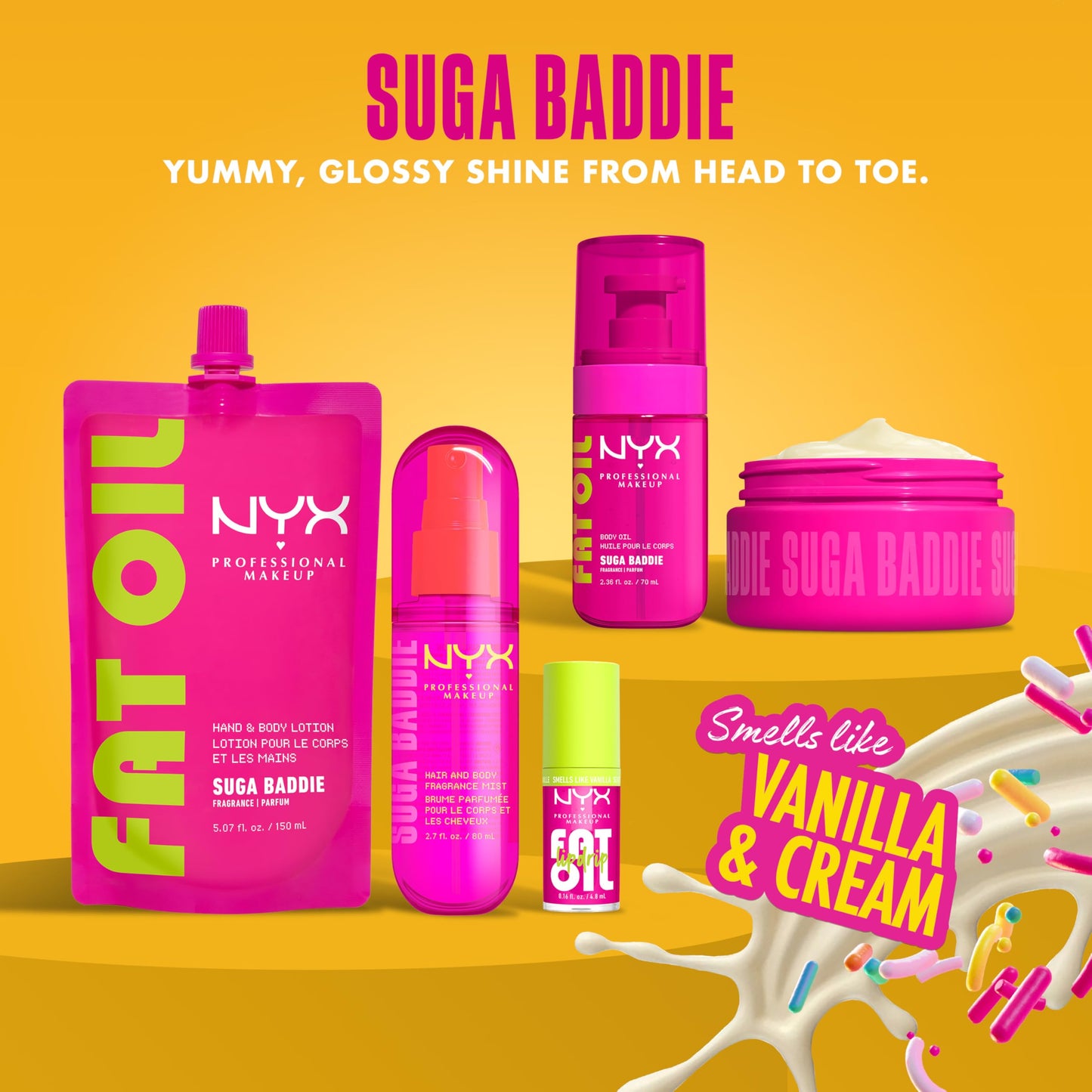 NYX PROFESSIONAL MAKEUP Fat Oil Fragrance Mist Perfume, Suga Baddie Vanilla & Whipped Cream Scent, Long Lasting Hair & Body Spray with Musk, Vegan & Cruelty Free, 2.7 fl oz