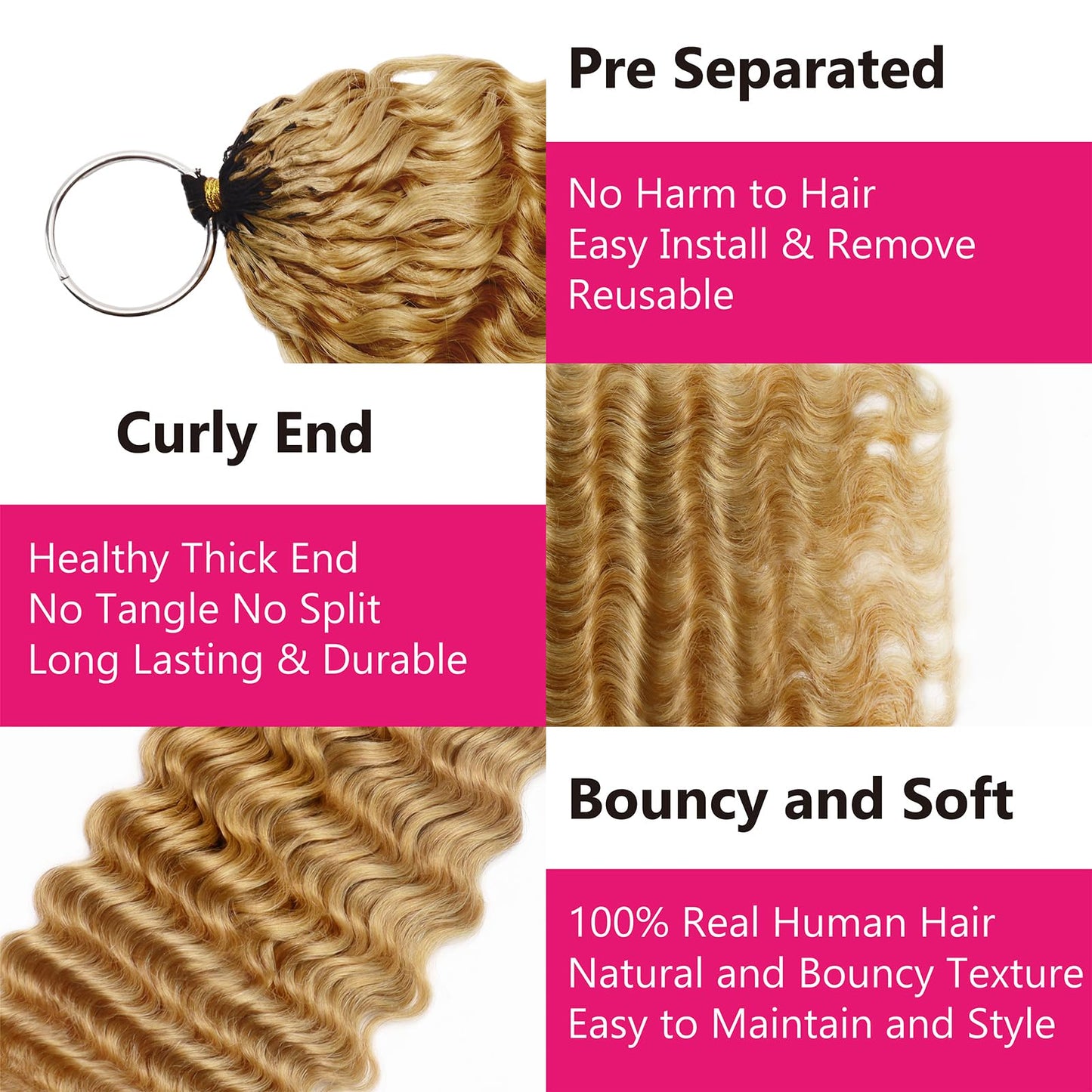 Honey Blonde Pre-Separated Human Crochet Hair Deep Wave Curly Miracle Knots Crochet 14 Inch 50g Honey Blonde #27 Knotless Feather Invisible 100% Human Crochet Braiding Hair Extensions for Black Women