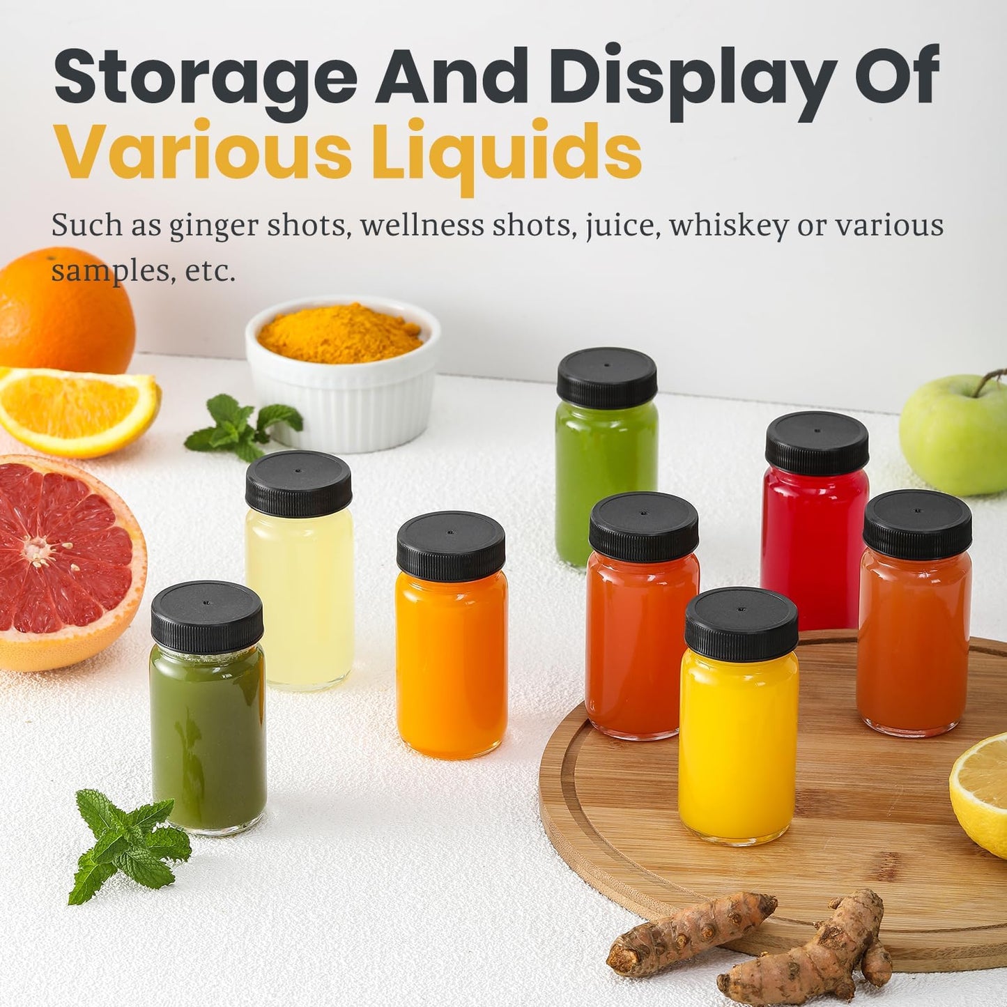 20 PACK 2 oz Glass Shot Bottles w/ Black Lids & 20 Labels - Small Clear Jar for Ginger, Wellness Shot, Juice, Sample, Whiskey - Travel Essentials Mini Bottles - Wide Mouth, Leakproof, Dishwasher Safe