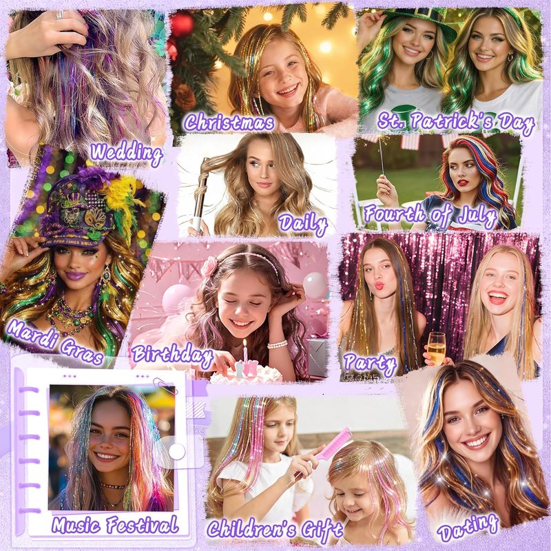 Clip In Hair Tinsel Kit - 26 Inch Colorful Glitter Extensions for Girls & Women | Heat Resistant Sparkly Hair Accessories (Rainbow & Gold)