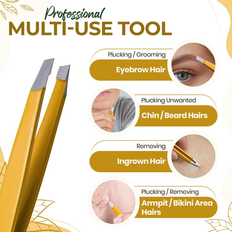 Professional Slant Tip Eyebrow Tweezers for Women & Men – Precision Hair Removal Tool – Stainless Steel Tweezers for Eyebrow Shaping, Facial Hair, Ingrown Hair & Splinter Removal (Golden Glow)