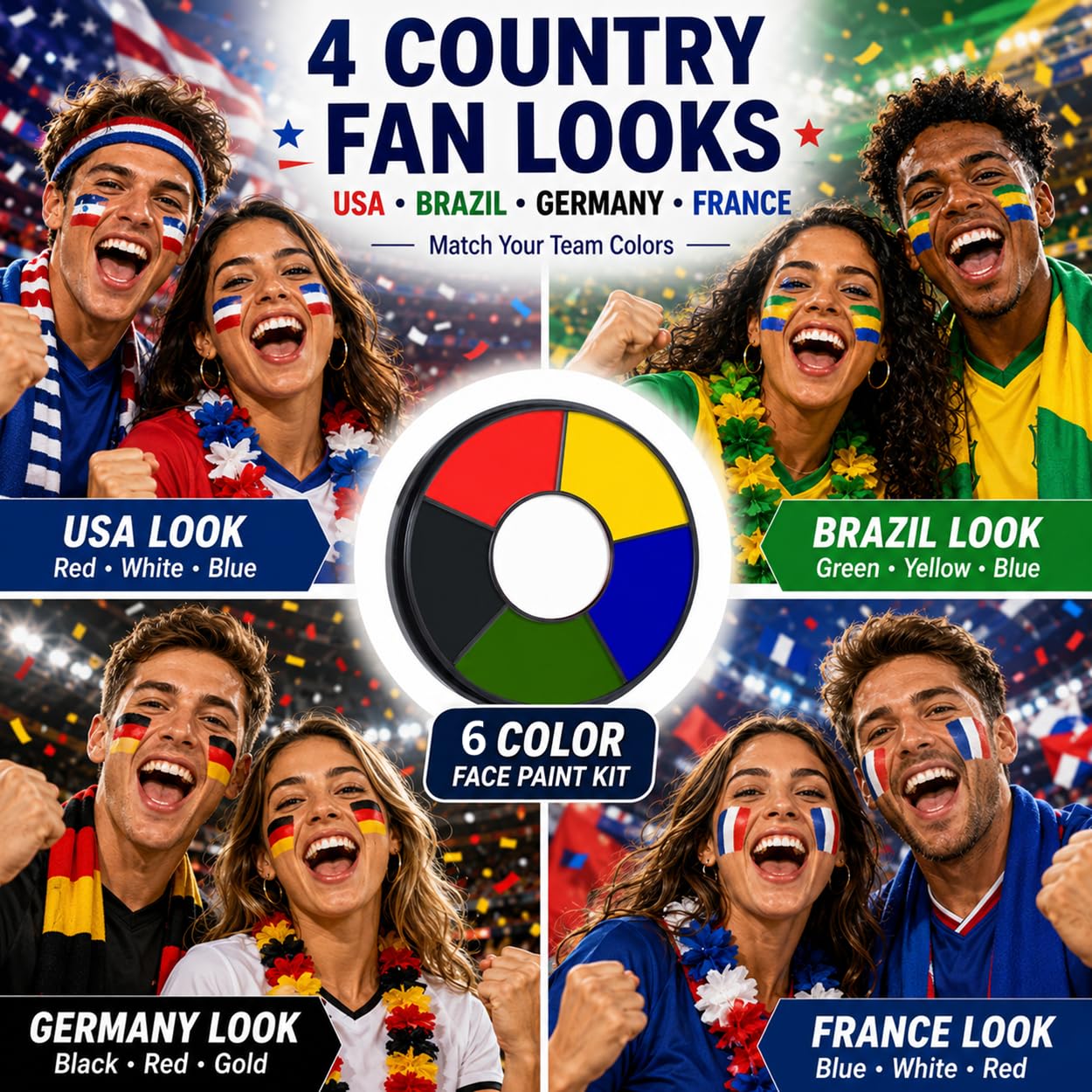 Go Ho 6 Colors Face Body Paint for Game Day 2026,White &Black &Red&Yellow&Green&Royal Blue Face Paint,Waterproof Professional USA Flag Face Painting,Halloween Cosplay SFX Makeup Palette