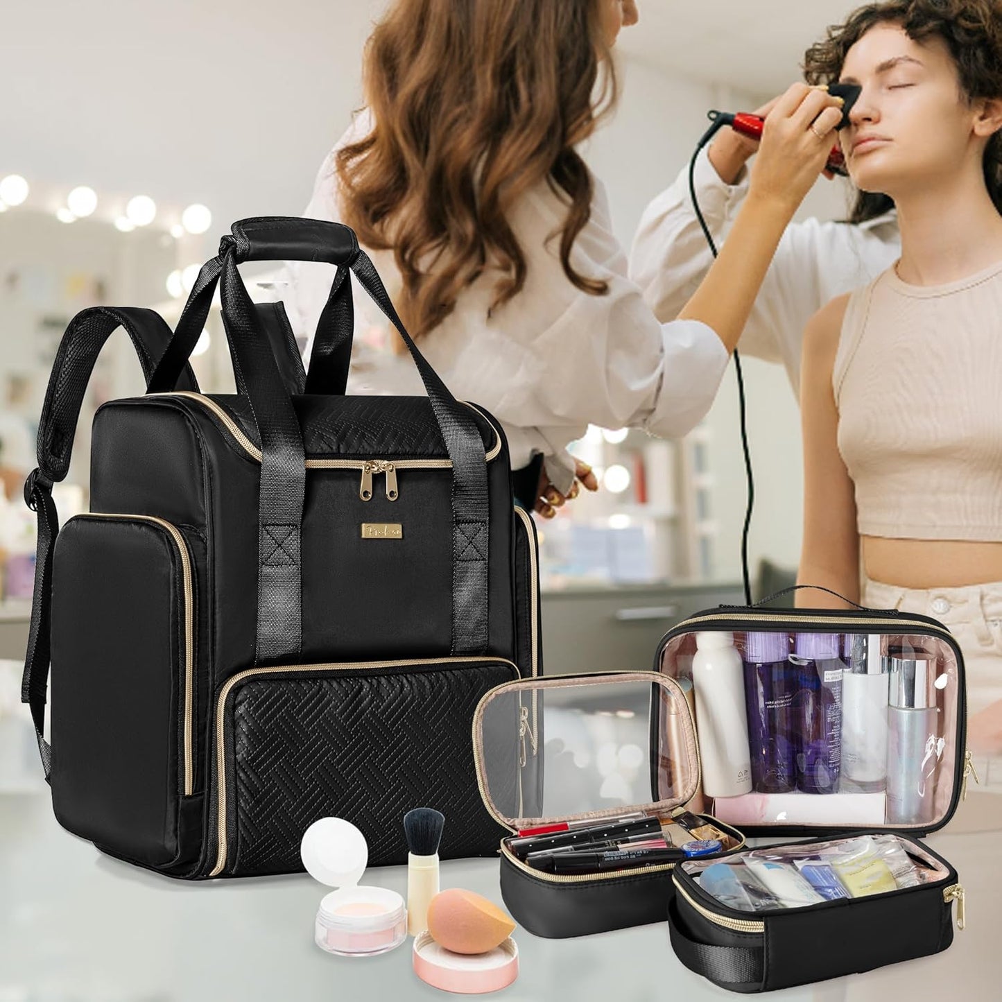 Large Makeup Backpack - Professional Double Layer Case with 3 Clear Bags & Brush Storage for Artists