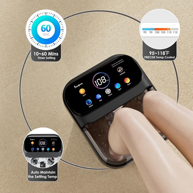 Electric Foot Spa with Touchscreen Display - Collapsible Heated Bath & Remote Control | 24 Shiatsu Massage Balls (Black)