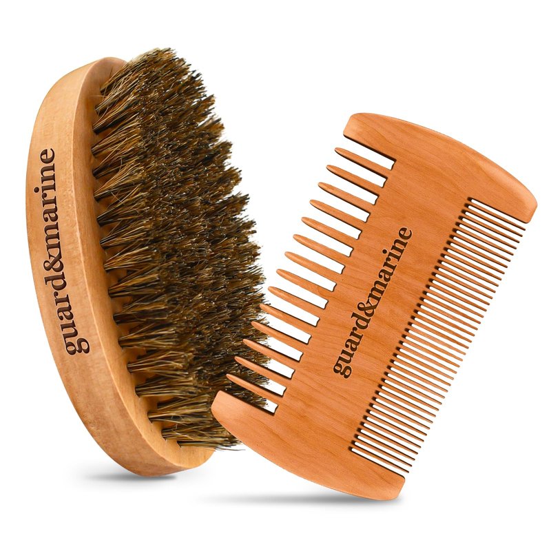 GUARD&MARINE Beard Brush & Comb Set - Natural Boar Bristle Wooden Brush & Beechwood Comb Kit for Men's Beard and Mustache Care and Shaping (Brown)