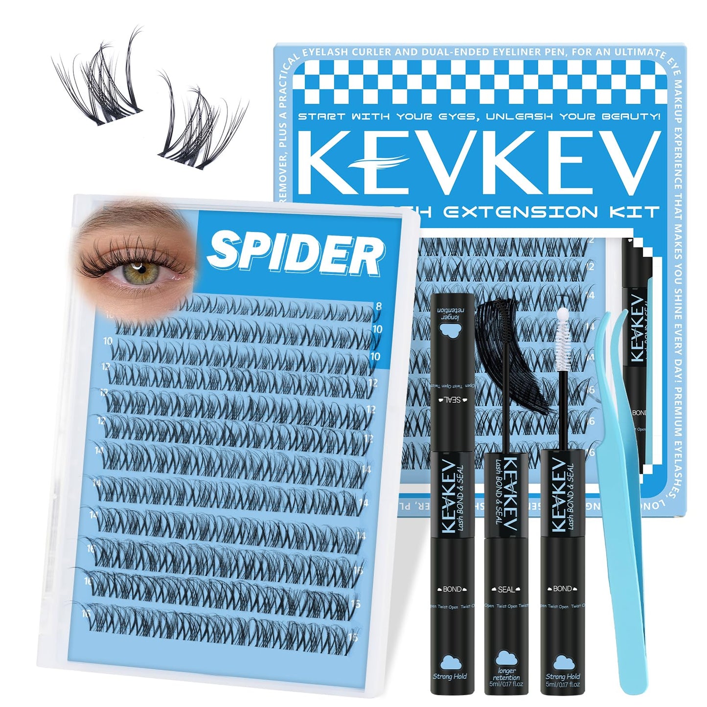Spider Lash Clusters Kit Breeze D Curly Eyelash Clusters Natural Wispy Lash Extension Kit 8-16MM Fluffy Spider Cluster Eyelash Extensions Clear Thin Band with Lash Bond and Seal DIY Lash at Home