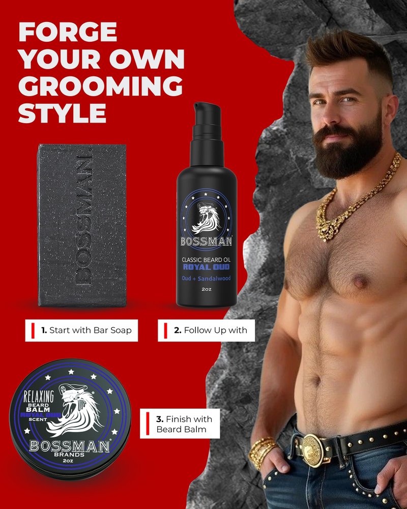 Bossman Starter Beard Kit for Men – Beard Oil (2 oz), Beard Balm & Bar Soap – Natural & Organic Grooming Kit – Made in the USA Men Gift Set (Royal Oud Scent)